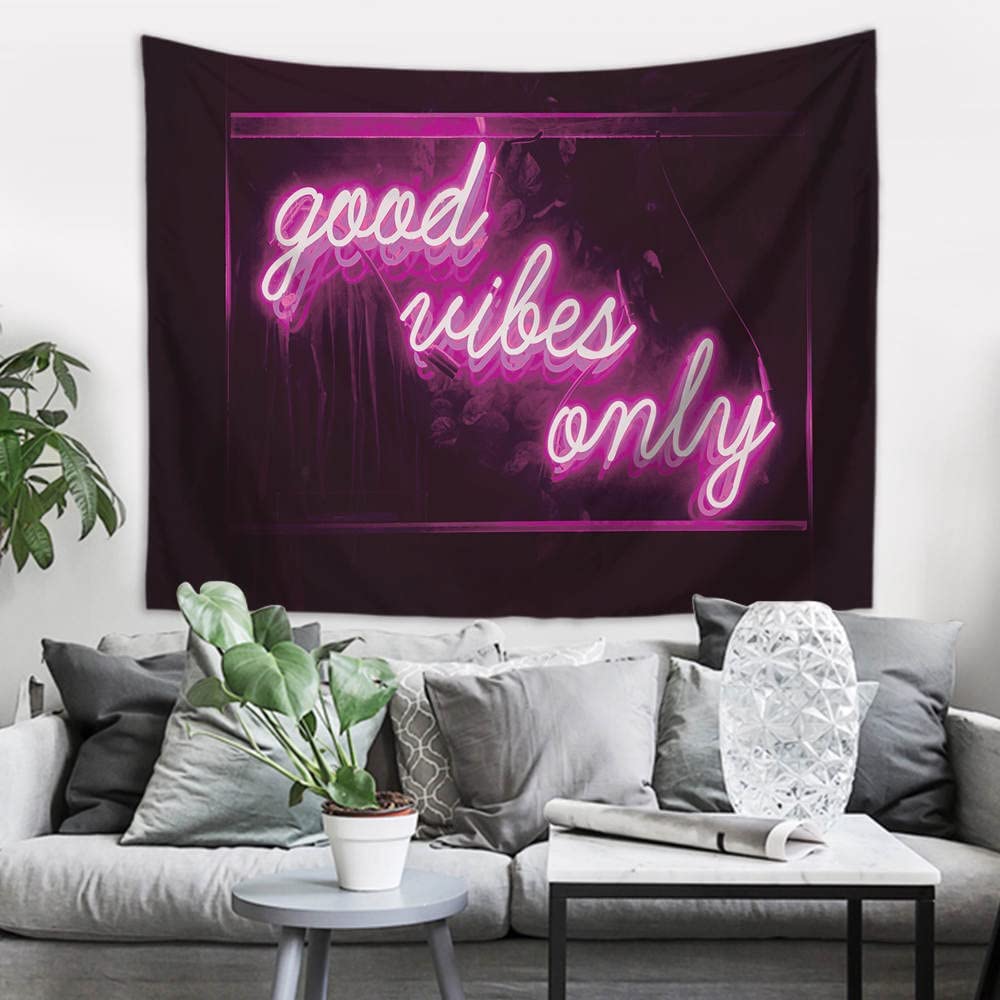 Decorative Wall Tapestry, Good Vibes Only Words in Neon Light for Bedroom Living Room Outdoor 50 X 60 Inches (Pink)