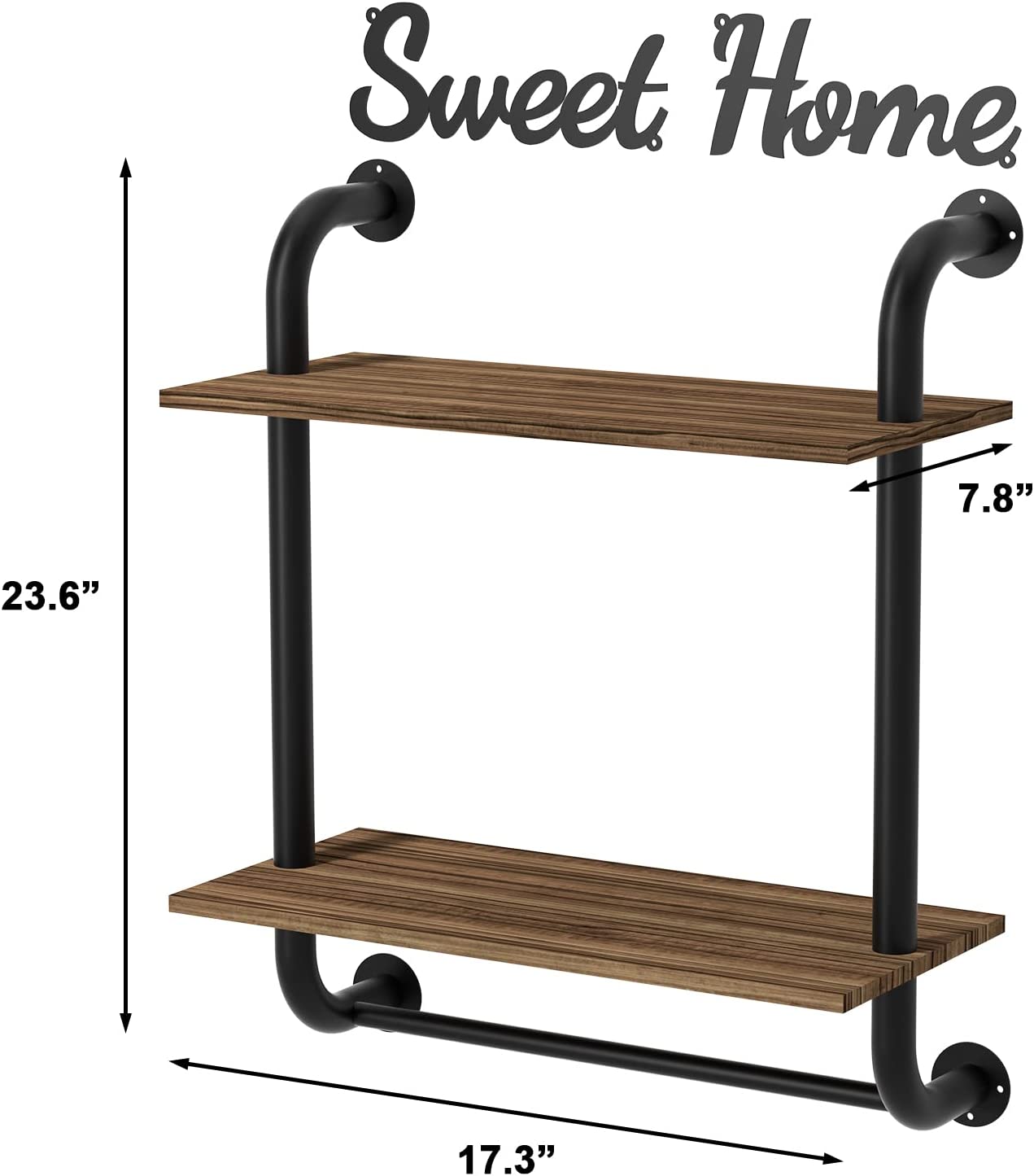 Bathroom Shelves Wall Mounted, Industrial Pipe Shelving 2-Tier, Rustic Farmhouse Shelves for Wall Decor, Floating Bathroom Shelf Over Toilet with Towel Bar for Kitchen, Bedroom, Living Room 17.3 inch