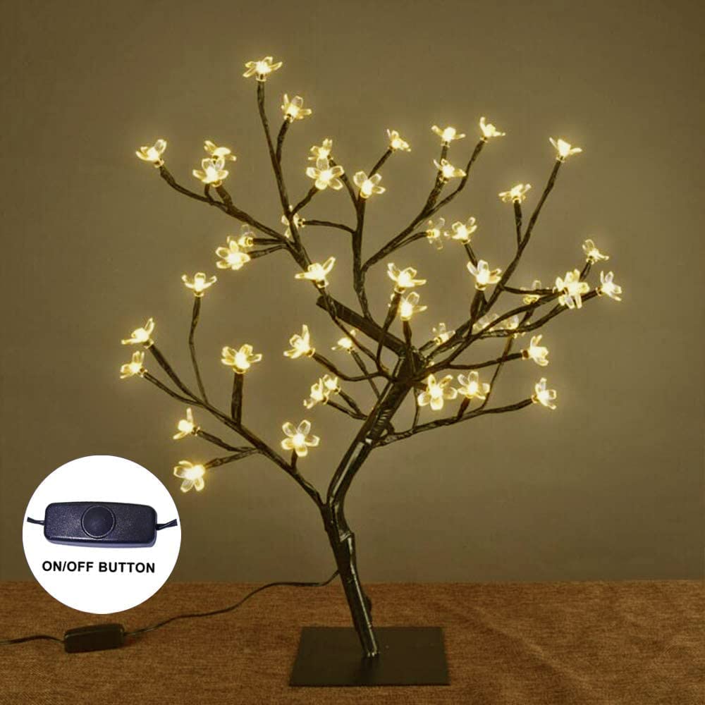 18 Inch Cherry Blossom Bonsai Tree, 48 LED Lights, 24V UL Listed Adapter Included, Metal Base, Warm White Lights, Ideal as Night Lights, Home Gift Idea