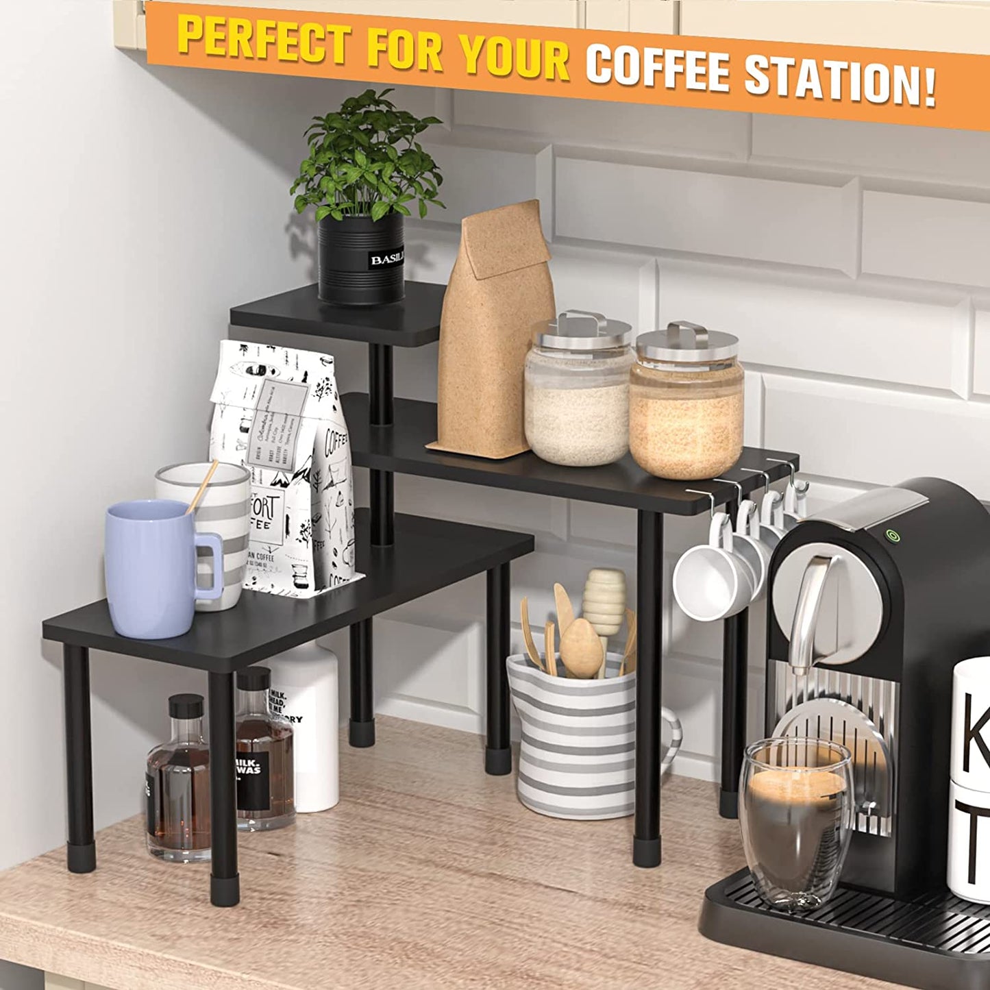 Bathroom Organizer Countertop Bathroom Shelf, 3 Tier Corner Shelf Moveable Bamboo Organizer for Make Up, Dresser Table, Bathroom countertop, Desktop Shelf (Black)