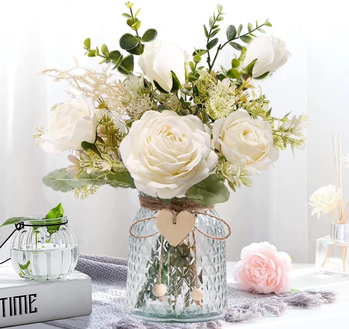 Fake Flowers with Vase, Artificial Flowers in Vase, Table Centerpieces for Dining Room, Silk Flower Arrangements Set, Living Room Bathroom Plants Decor, Dining Table Centerpieces (White)