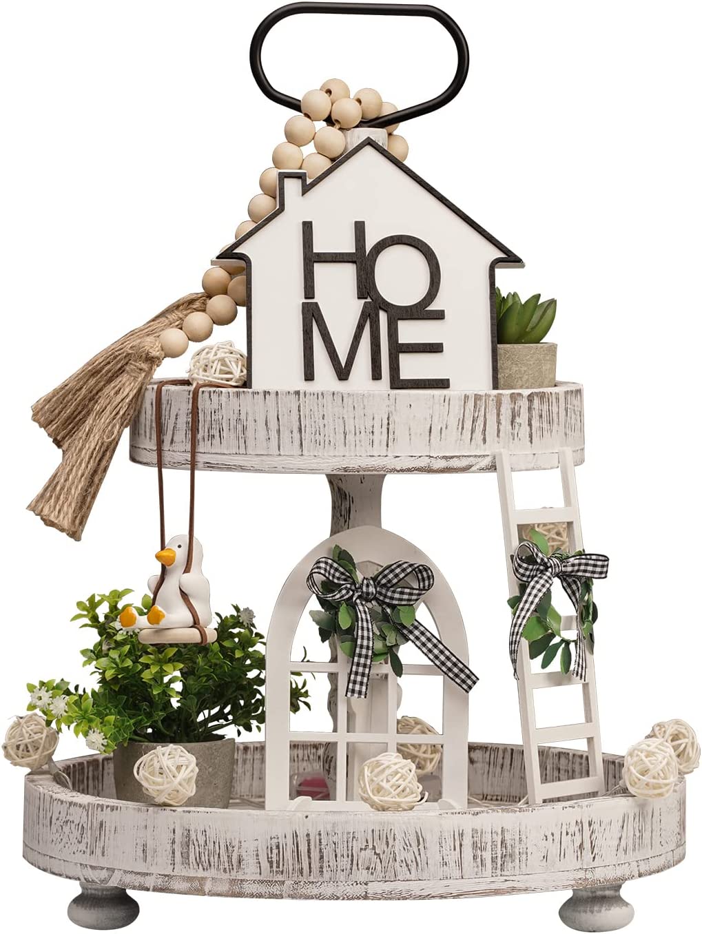 9 Pieces Farmhouse Tiered Tray Decor Set (Tray NOT Included), Rustic Tiered Tray Decoration,Rustic Table Ornaments with Vivid Duck&Rattan Ball String Lights,Housewarming Gift