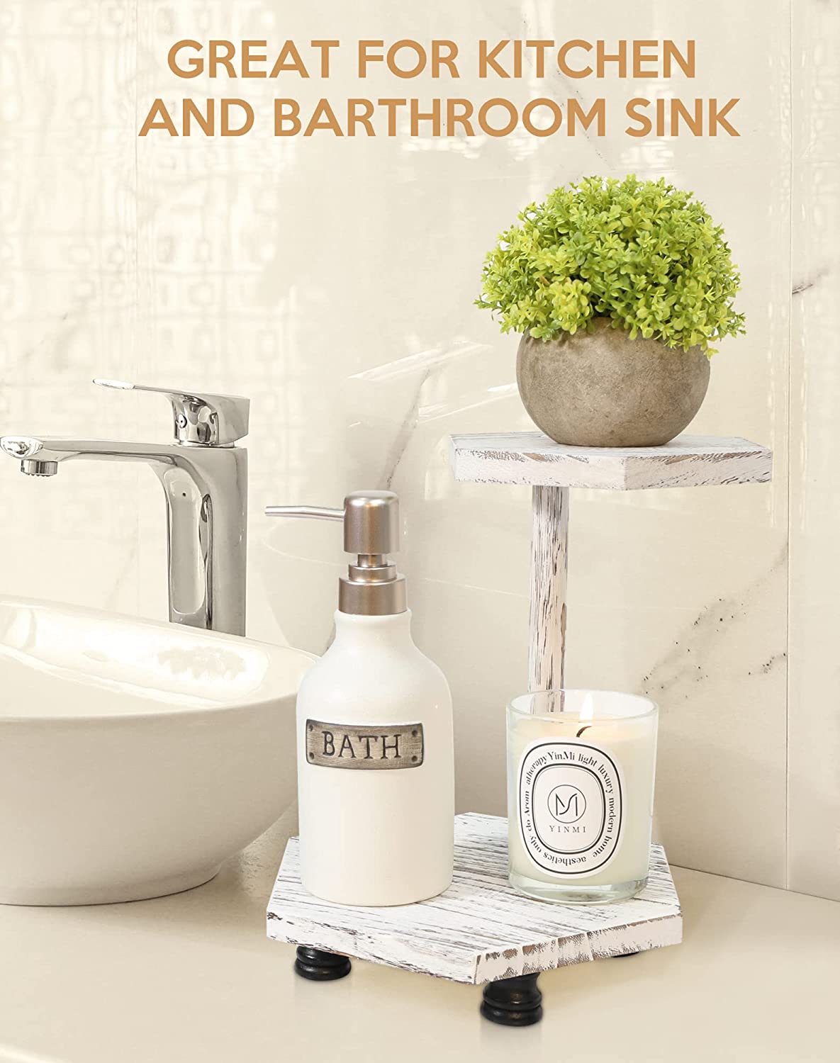 Hexagonal Wood Riser for Display, 2-Tier Farmhouse Wood Pedestal Stand for Kitchen Bathroom Counter Decor, Decorative Tray for Soap Dispenser, Candle and Plant