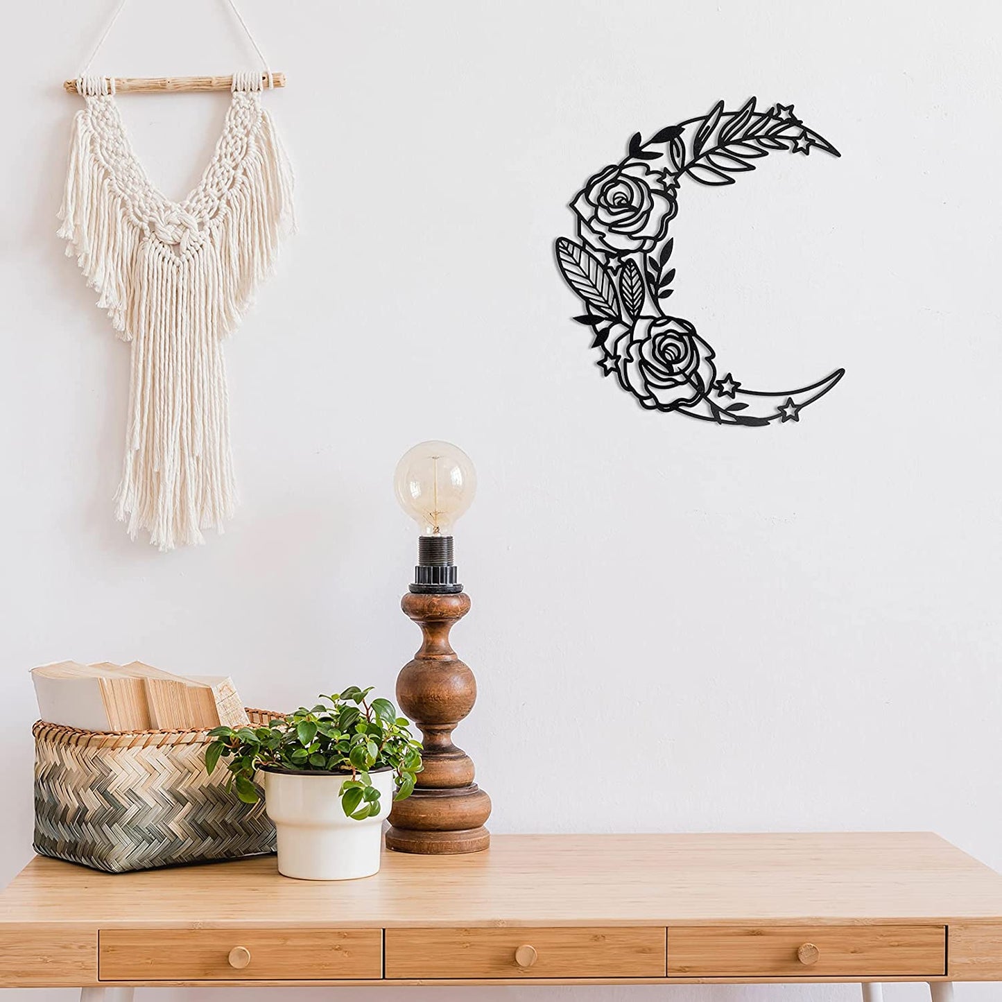Moon Phase Wall Art Boho Moon Wall Home Decor Hanging Moon Home Decor Moon Appearance Wall Decor Metal Wall Hanging Moon Decor Moon Flower Wall Art Decoration for Living Room Bedroom Home Wall (Black)