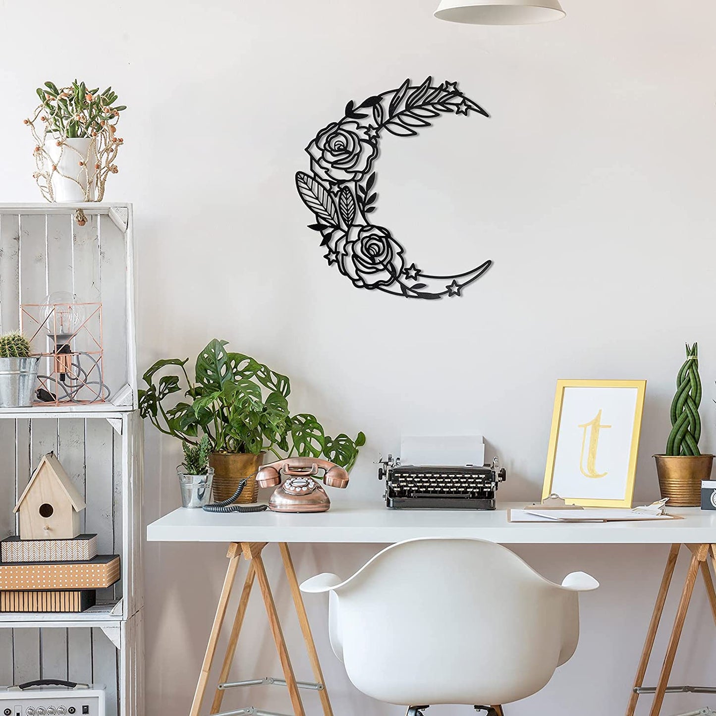 Moon Phase Wall Art Boho Moon Wall Home Decor Hanging Moon Home Decor Moon Appearance Wall Decor Metal Wall Hanging Moon Decor Moon Flower Wall Art Decoration for Living Room Bedroom Home Wall (Black)
