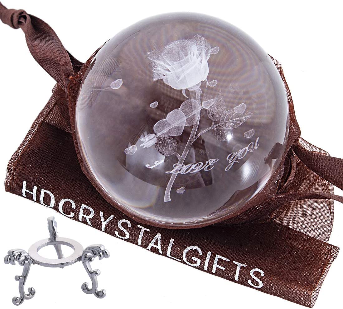Crystal 2.4 inch (60mm) Carving Rose Crystal Ball with Sliver-Plated Flowering Stand,Fengshui Glass Ball Home Decoration