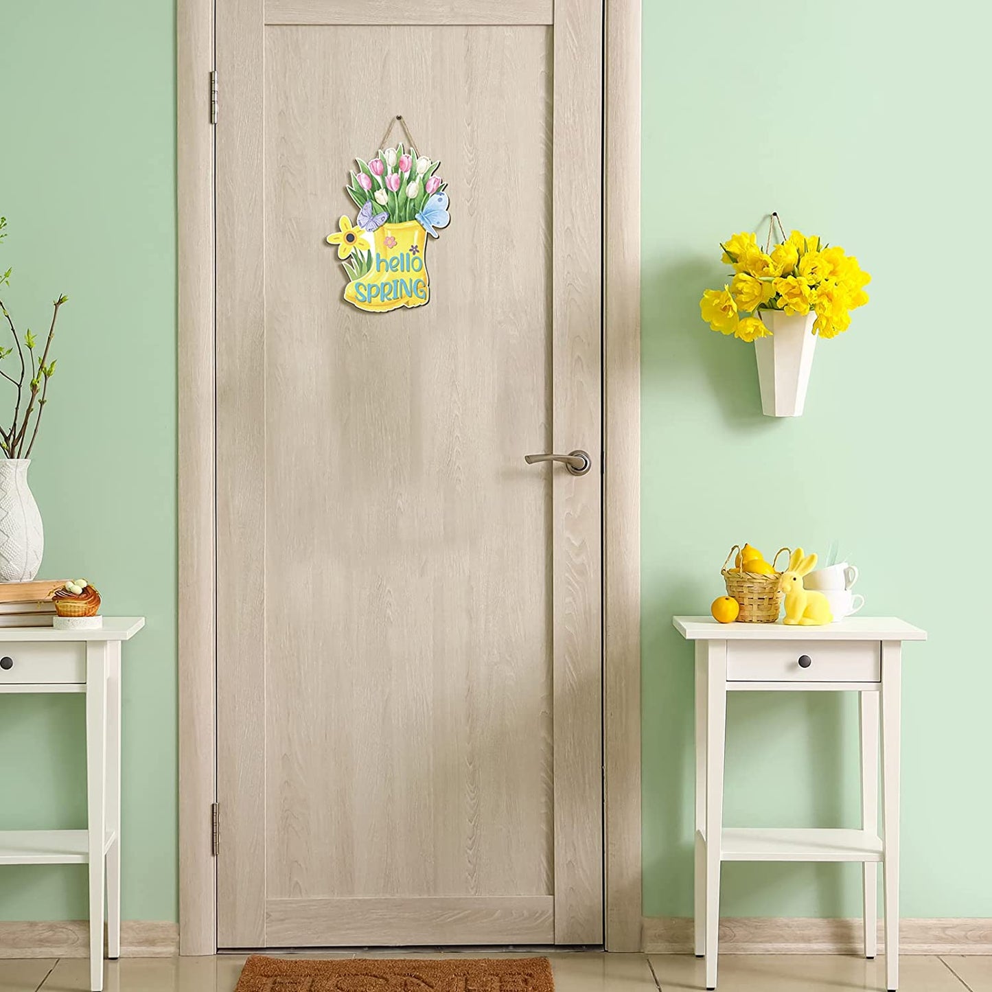 Hello Spring Door Sign Colorful Tulip Flowers Spring Decor Sign Hanging Door Signs Rustic Wall Decor Farmhouse Wood Hanging Plaque for Home Farmhouse Home (Boots)