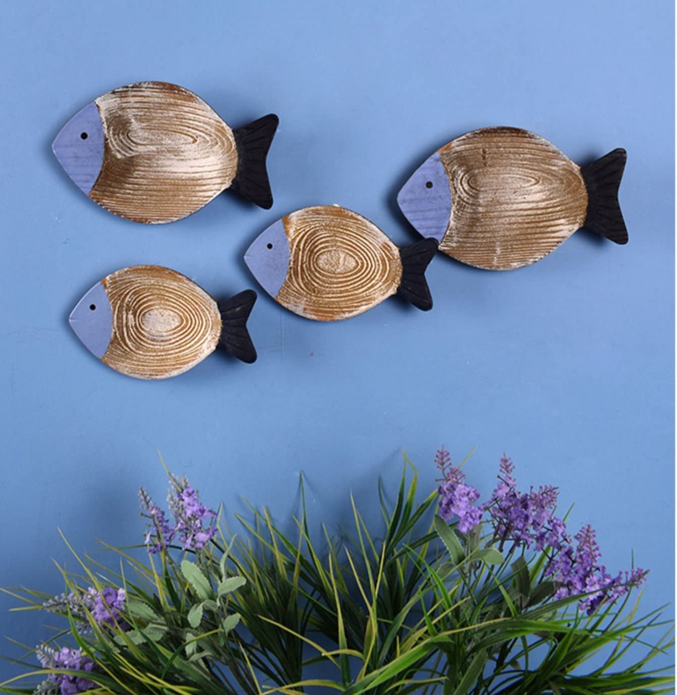 2Pcs Wood Fish Nautical Beach Wall Decor, Wooden Hanging Coastal Wall Art Decor for Home, Lake House, Ocean Bathroom Decor - Blue