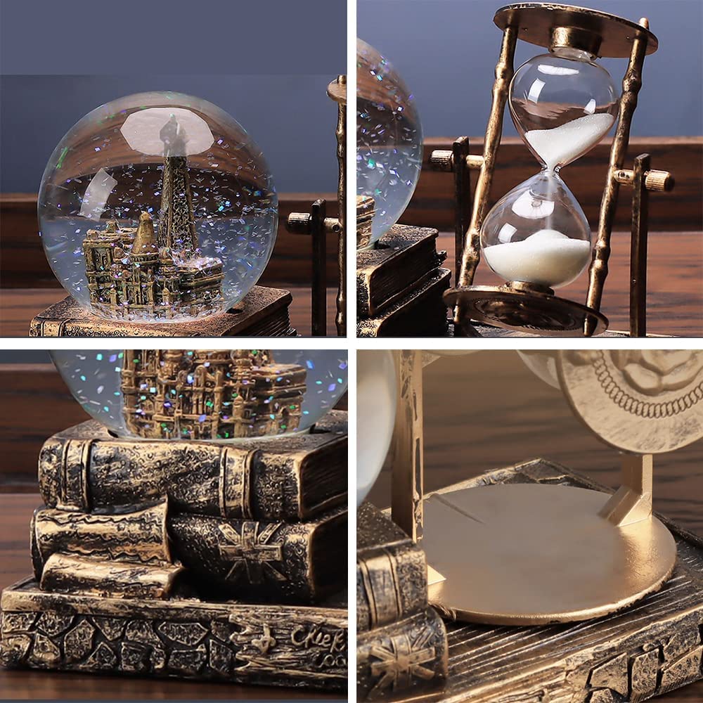 LED Music Crystal Snow Globe with Hourglass Timer Home Decoration for Living Room Bedroom Book Shelf TV Cabinet Desktop Decor Statue Figurine Table Centerpieces Ornaments(A Brass)
