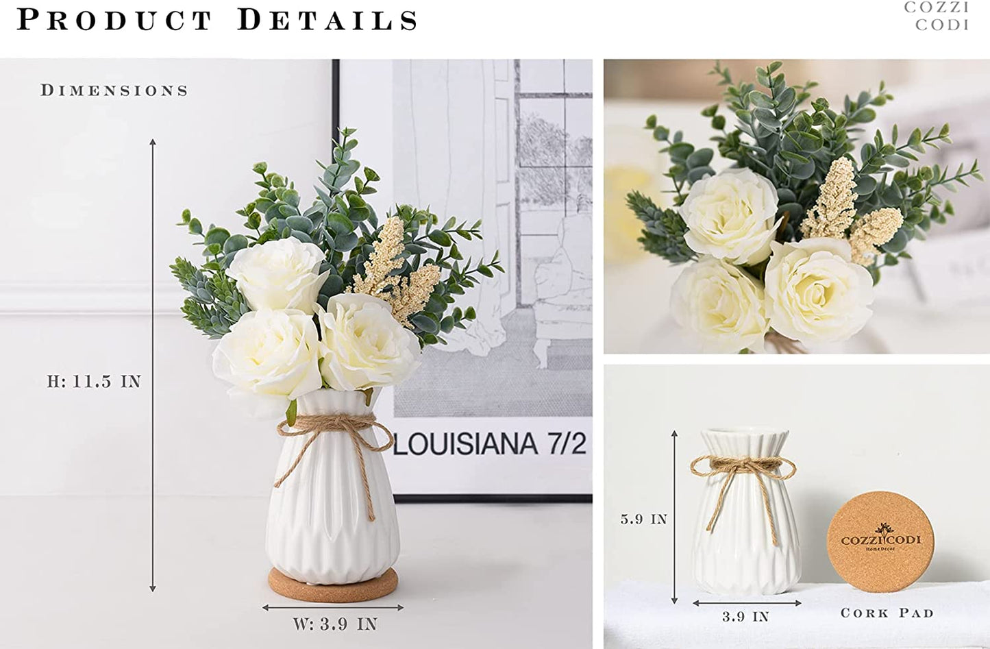 Fake Flowers with Vase, Dining Table Decor, Artificial Flowers White Roses in Vase, Silk Faux Flower Arrangements, Rustic Home Office Centerpiece Decorations, Bathroom Plant Decor