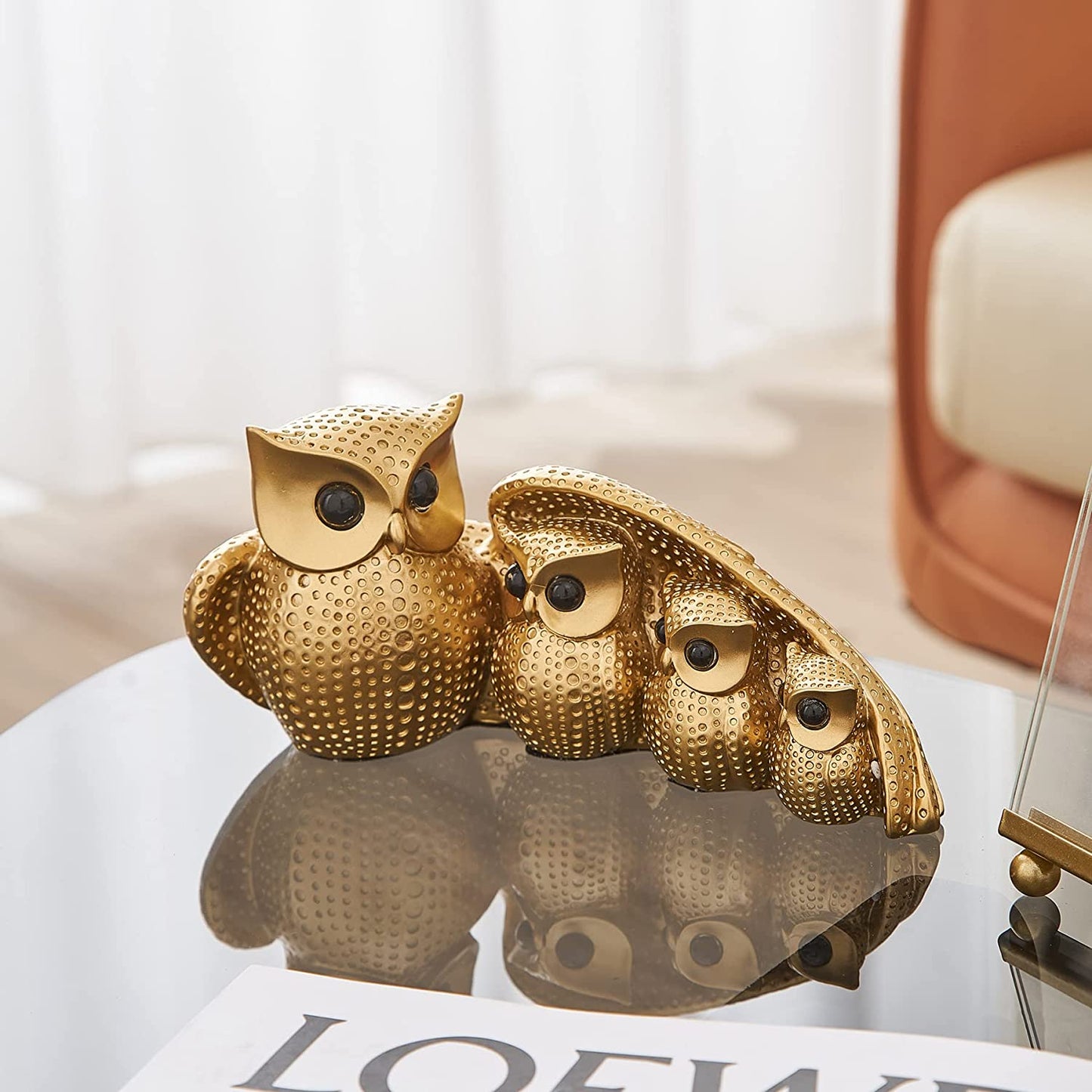 Owl Statue Home Decor, Owl Figurines for Living Room Decor,owls Decor for Unique Home Office, Gold Decor Animal Small Sculpture for Shelf, Modern Bookself TV Stand, Owls Gifts for Women and Owl Lovers