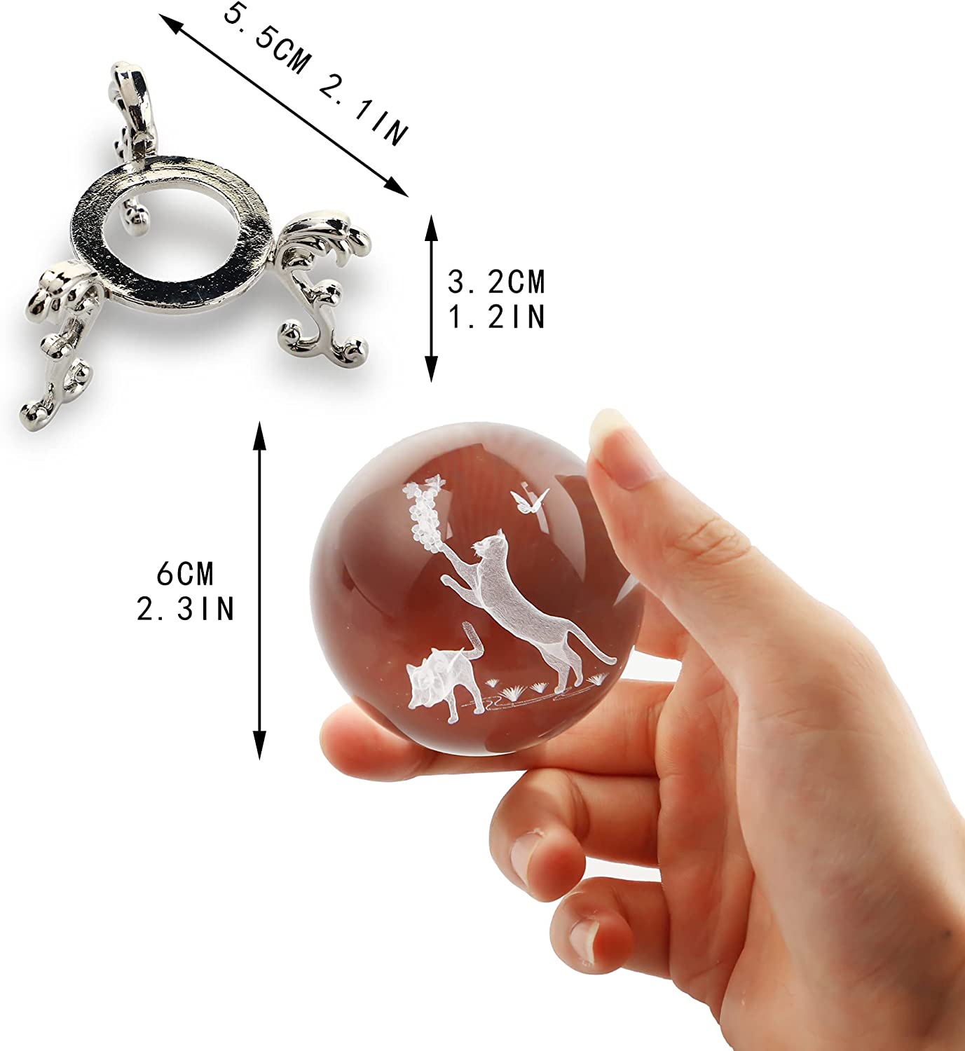 60mm 3D Crystal Ball with Stand Glass Cat Figurine Laser Engraved Cats Sphere Glass Paperweights Crystal 3D Cats with Butterfly Figurine Cat Gift for Cat Lovers Women