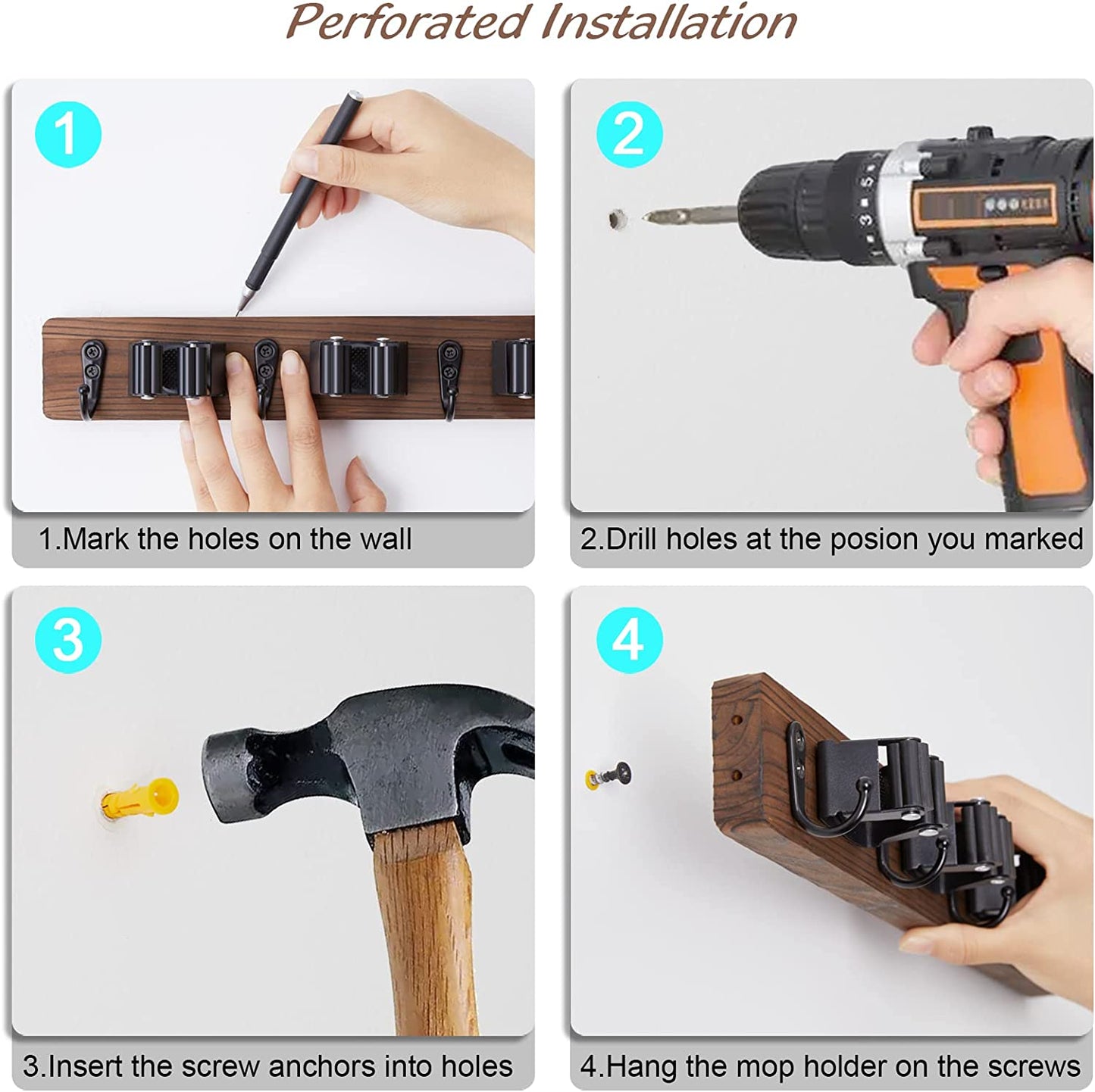 Mop Broom Holder Wall Mount Wood Broom Mop Hanger - Wall Mounted Garden Tool Rack Organizer for Closet Garage Laundry Room Kitchen Decor With 4 Slots & 4 Hooks