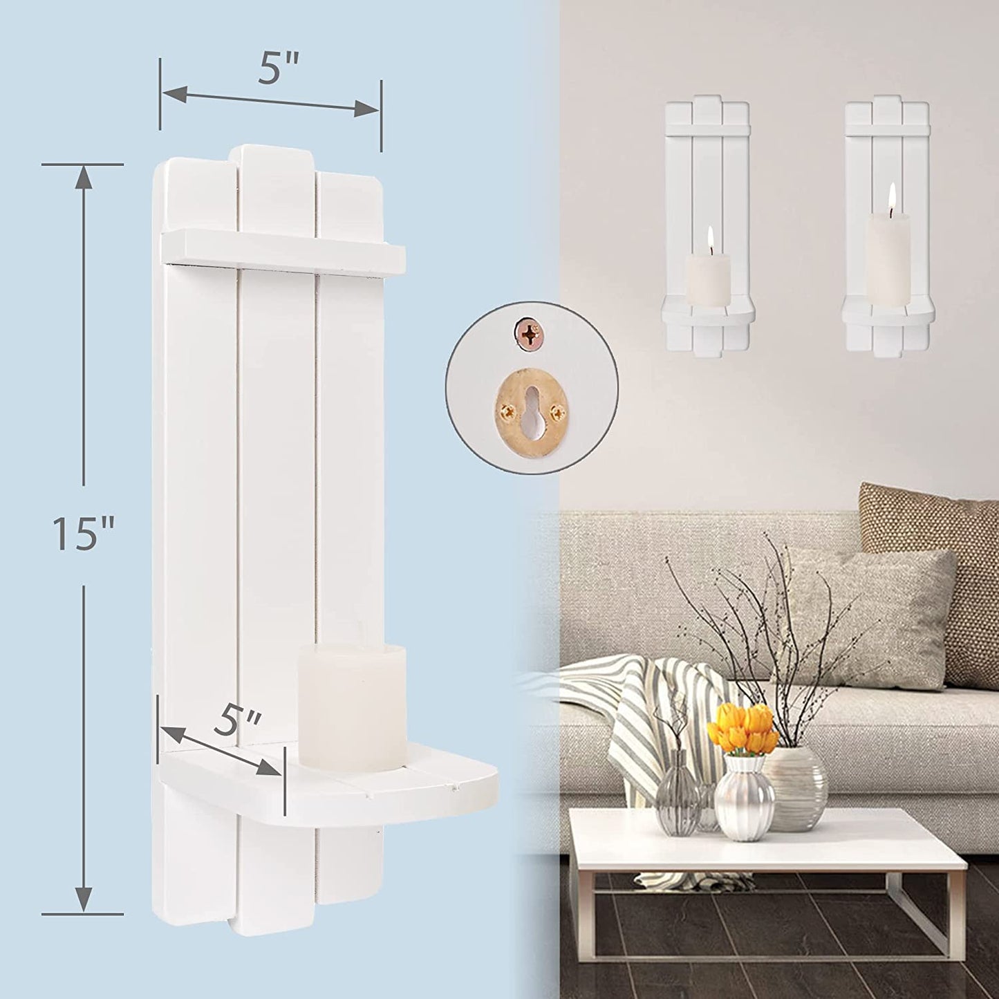 Wall Decor Set of 2, Wall Candle Holder Rustic Home Decor, Farmhouse Wall Art Floating Candle Sconces Shelf White Wall Decorations for Living Room, Dining Room, Bedroom, Bathroom