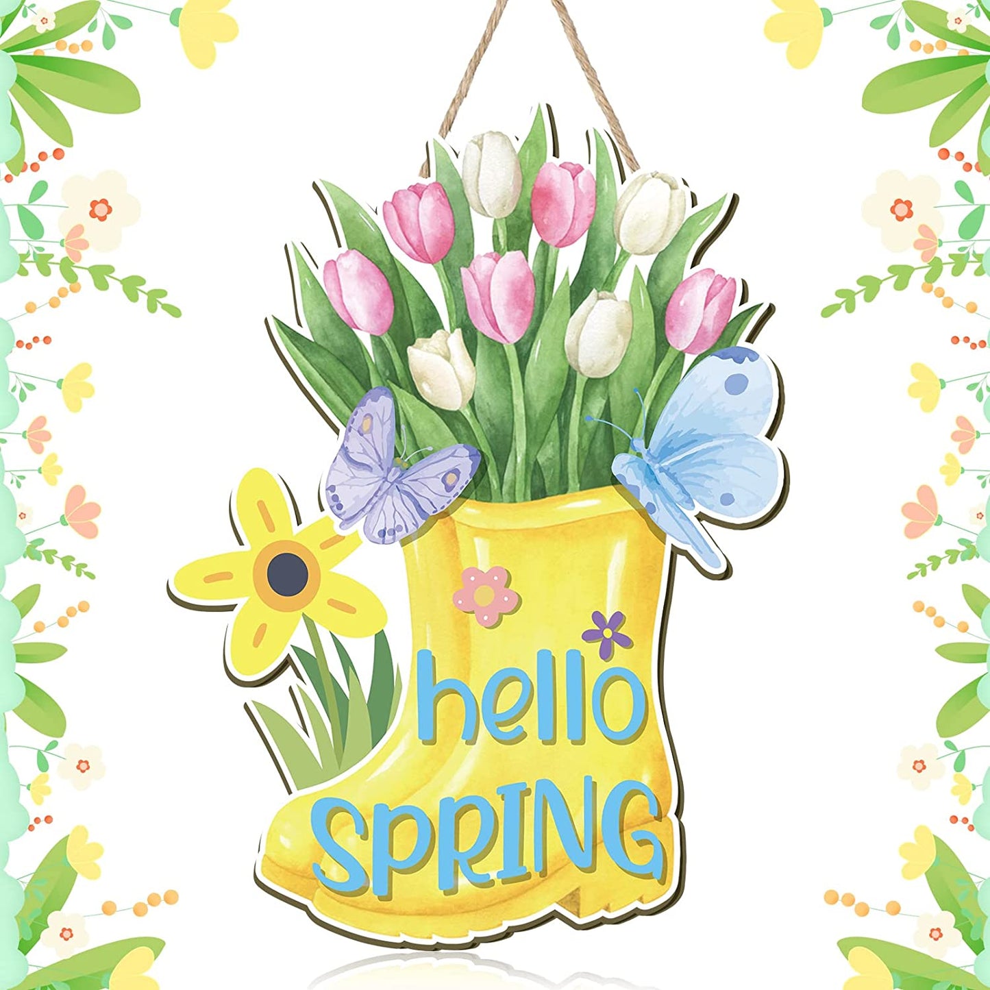 Hello Spring Door Sign Colorful Tulip Flowers Spring Decor Sign Hanging Door Signs Rustic Wall Decor Farmhouse Wood Hanging Plaque for Home Farmhouse Home (Boots)