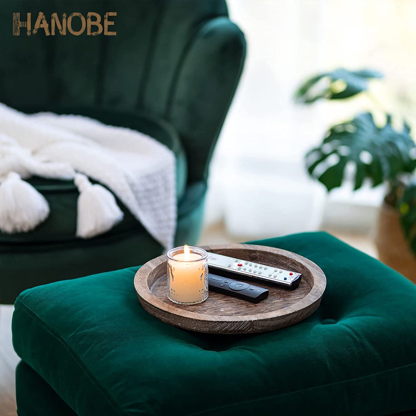 Rustic Wooden Serving Tray - Round Wood Butler Decorative Tray Vintage Centerpiece Candle Holder Trays Farmhouse Ottoman Tray for Kitchen Countertop Home Decor for Coffee Table