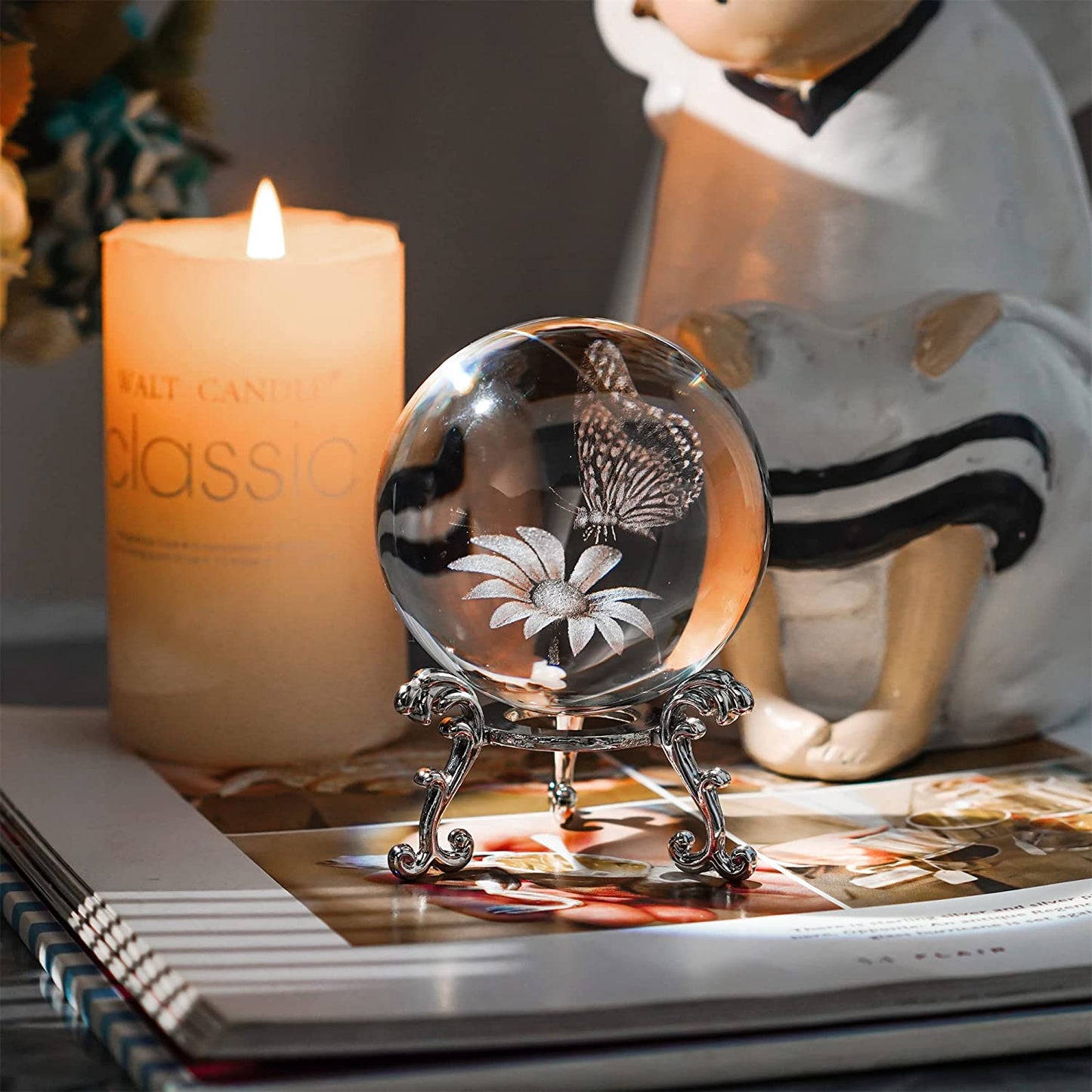 3D Laser Crystal Butterfly Flower Figurine Crystal Decorative Ball Paperweight with Silver-Plated Flowering Stand Glass Sphere Home Decor Gift (60mm,2.4inch)