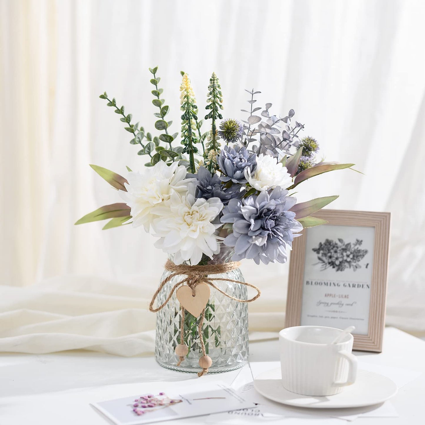 Fake Flowers Artificial Blue Flowers with Vase, Table Centerpieces for Dining Room, Silk Flower Arrangements for Home, Living Room Bathroom Plant Decor, Centerpiece Table Decorations