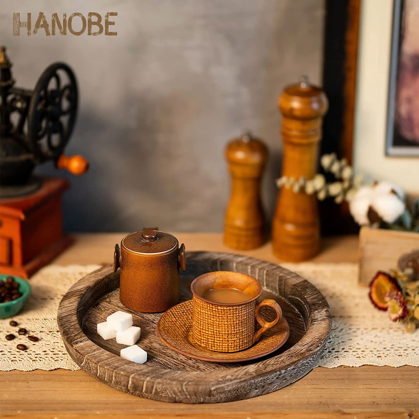 Rustic Wooden Serving Tray - Round Wood Butler Decorative Tray Vintage Centerpiece Candle Holder Trays Farmhouse Ottoman Tray for Kitchen Countertop Home Decor for Coffee Table