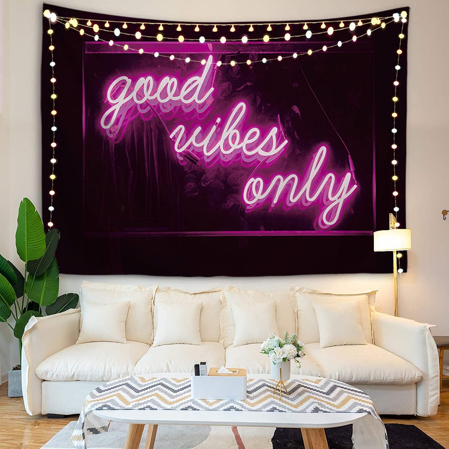 Decorative Wall Tapestry, Good Vibes Only Words in Neon Light for Bedroom Living Room Outdoor 50 X 60 Inches (Pink)