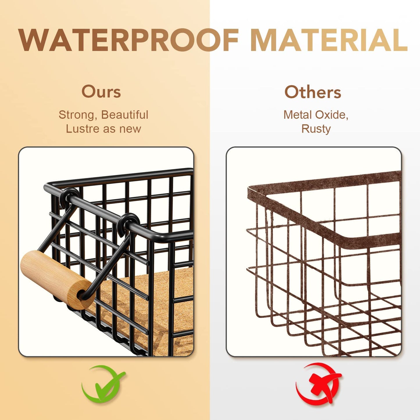 Metal Wire Basket Storage, Bathroom Basket for Organizing, Bathroom Counter Organizer with Wooden Handles, Farmhouse Bathroom Decor Tray, Toilet Paper Basket Storage (Small, Black)