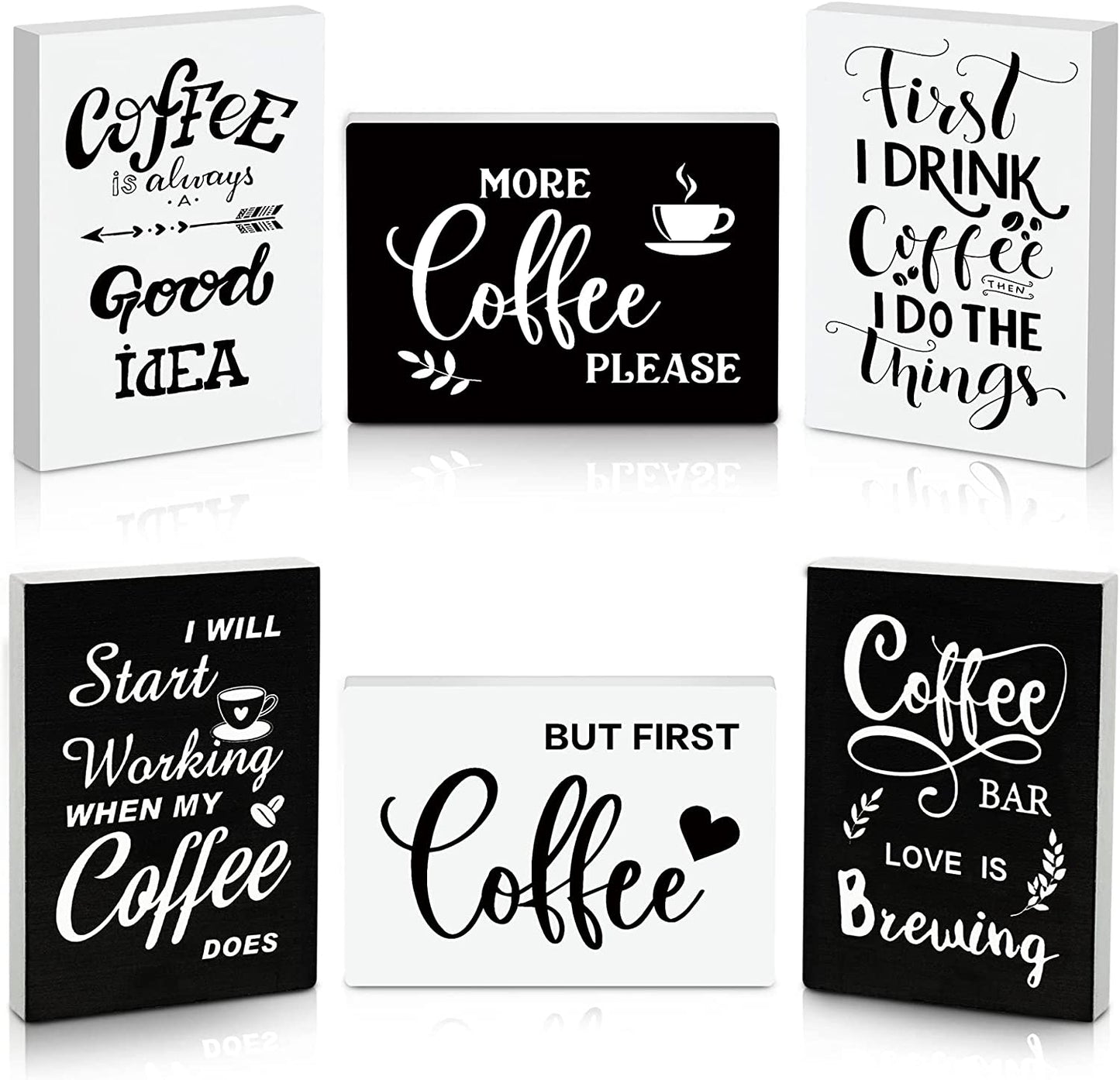 6 Pcs Wooden Mini Coffee Bar Sign Farmhouse Coffee Bar Decor Rustic But First Coffee Sign Love Is Brewing Coffee Table Sign Vintage Coffee Wood Plaque for Coffee Tiered Tray Decor Home Decorations