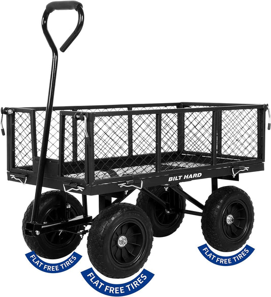 400 lbs 10" Flat Free Tires Steel Garden Cart with 180° Rotating Handle and Removable Sides, 4 Cu.Ft Capacity Utility Heavy Duty Garden Carts and Wagons