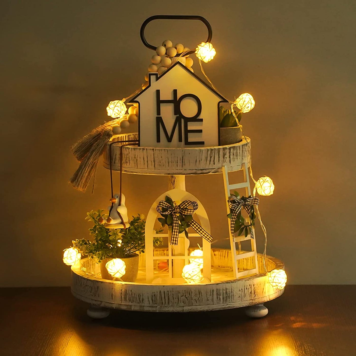 9 Pieces Farmhouse Tiered Tray Decor Set (Tray NOT Included), Rustic Tiered Tray Decoration,Rustic Table Ornaments with Vivid Duck&Rattan Ball String Lights,Housewarming Gift