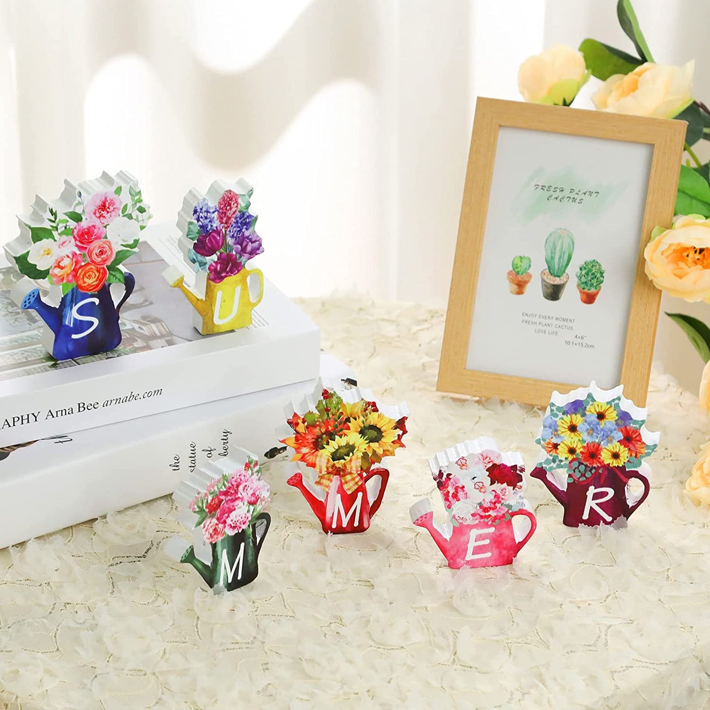 6 Pieces Summer Tiered Tray Decor Set Flower Farmhouse Summer Wooden Sign Rustic Summer Watering Can Wood Block Signs for Home Kitchen Tabletop Shelf Decorations