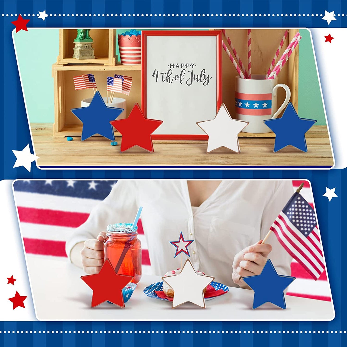 Patriotic Wooden Star 4th of July Wood Star Independence Day Home Table Decor Wood Star Standing Blocks for Home Tabletop Memorial Day Festival Celebration (Vintage)
