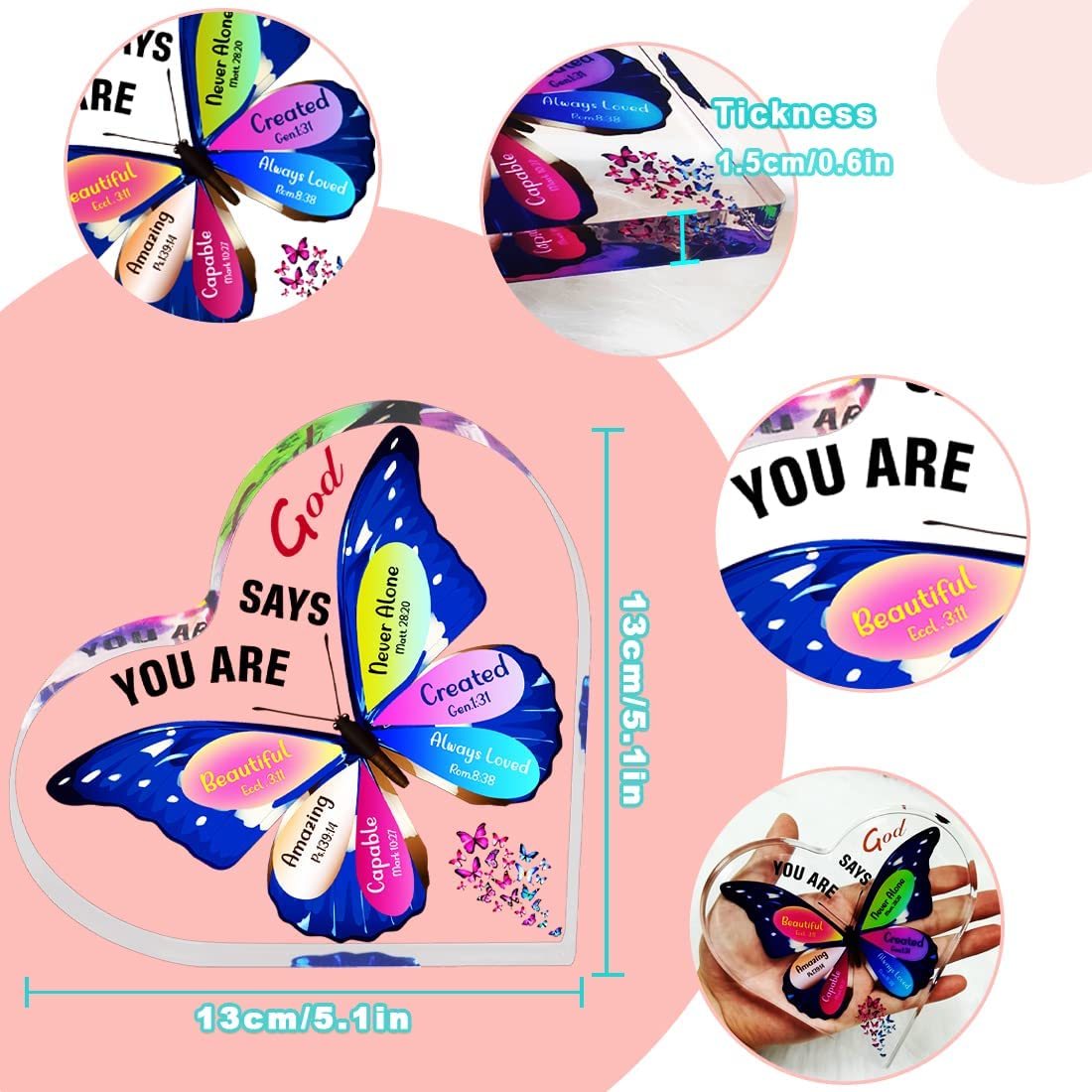 Gifts for Women, Inspirational Faith Gifts for Women Religious, Bible Verse and Encouragement Butterfly Desk Decor, Gifts for Women, Mom, Friend, Sister-Acrylic Hearts Plaques