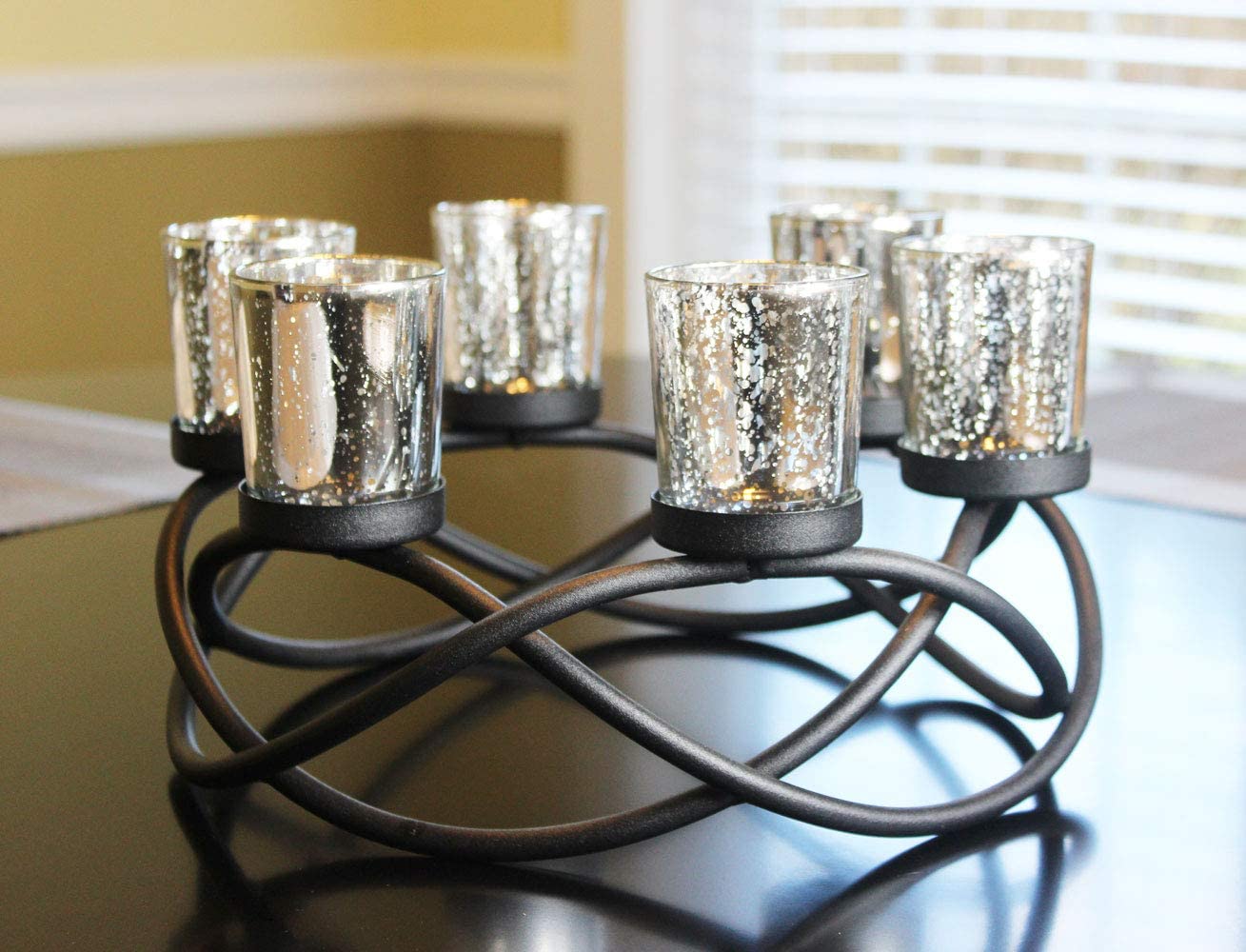 Iron Circular Table Centerpiece Decorations Candle Holder for Weddings, Patio, Kitchen, Dining Room, and Coffee Tables, Glass Votive Tealight Holders, Black, 6 Silver Cups