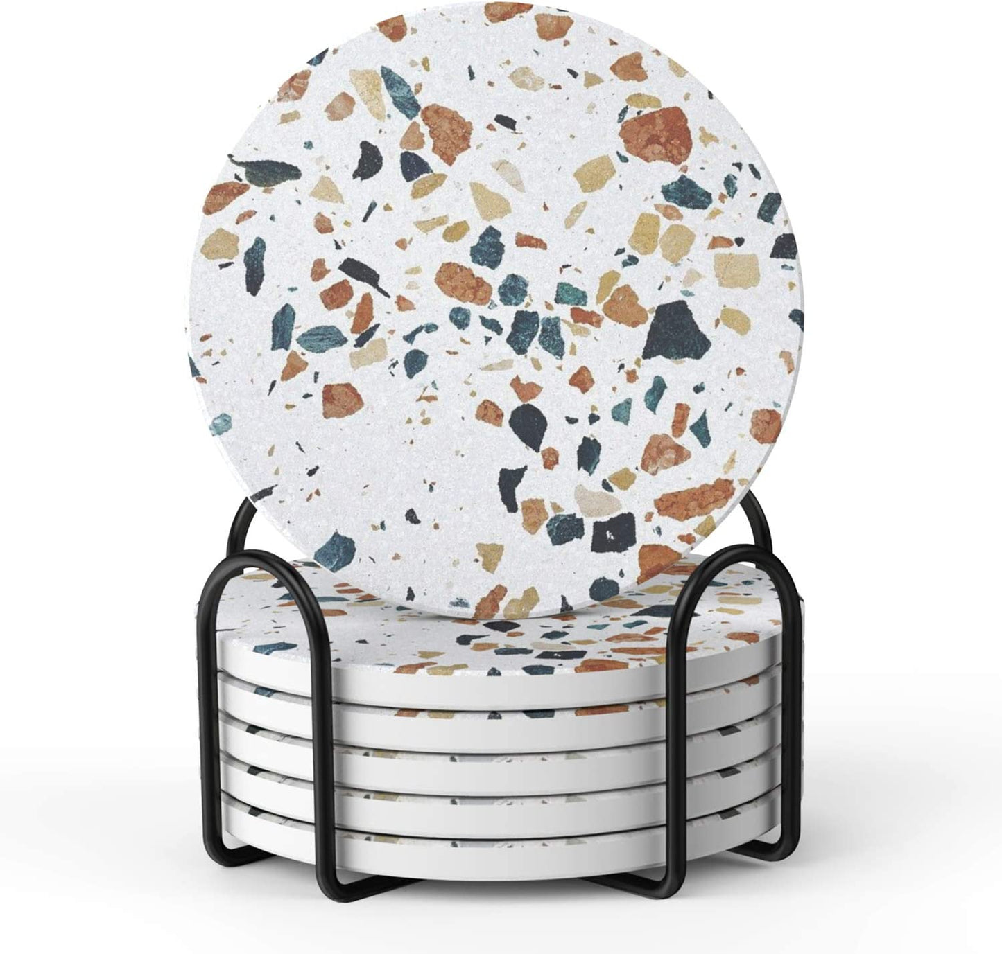 Coasters for Drinks, Absorbent Coasters with Holder Set of 6, Avoid Furniture Being Scratched and Soiled, Housewarming Gift for Home Decor, 4 inches -2 Terrazzo Pattern