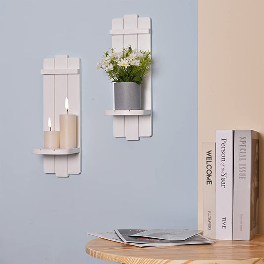 Wall Decor Set of 2, Wall Candle Holder Rustic Home Decor, Farmhouse Wall Art Floating Candle Sconces Shelf White Wall Decorations for Living Room, Dining Room, Bedroom, Bathroom