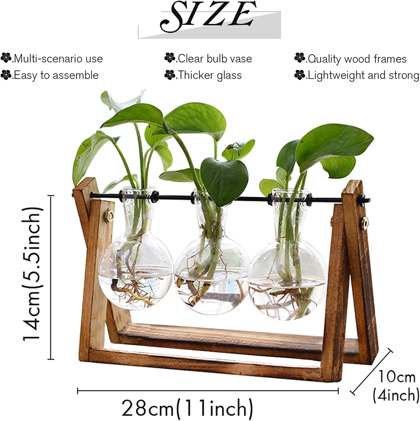 Plant Terrarium with Wooden Stand, Air Planter Bulb Glass Vase Metal Swivel Holder Retro Tabletop for Hydroponics Home Garden Office Decoration - 3 Bulb Vase