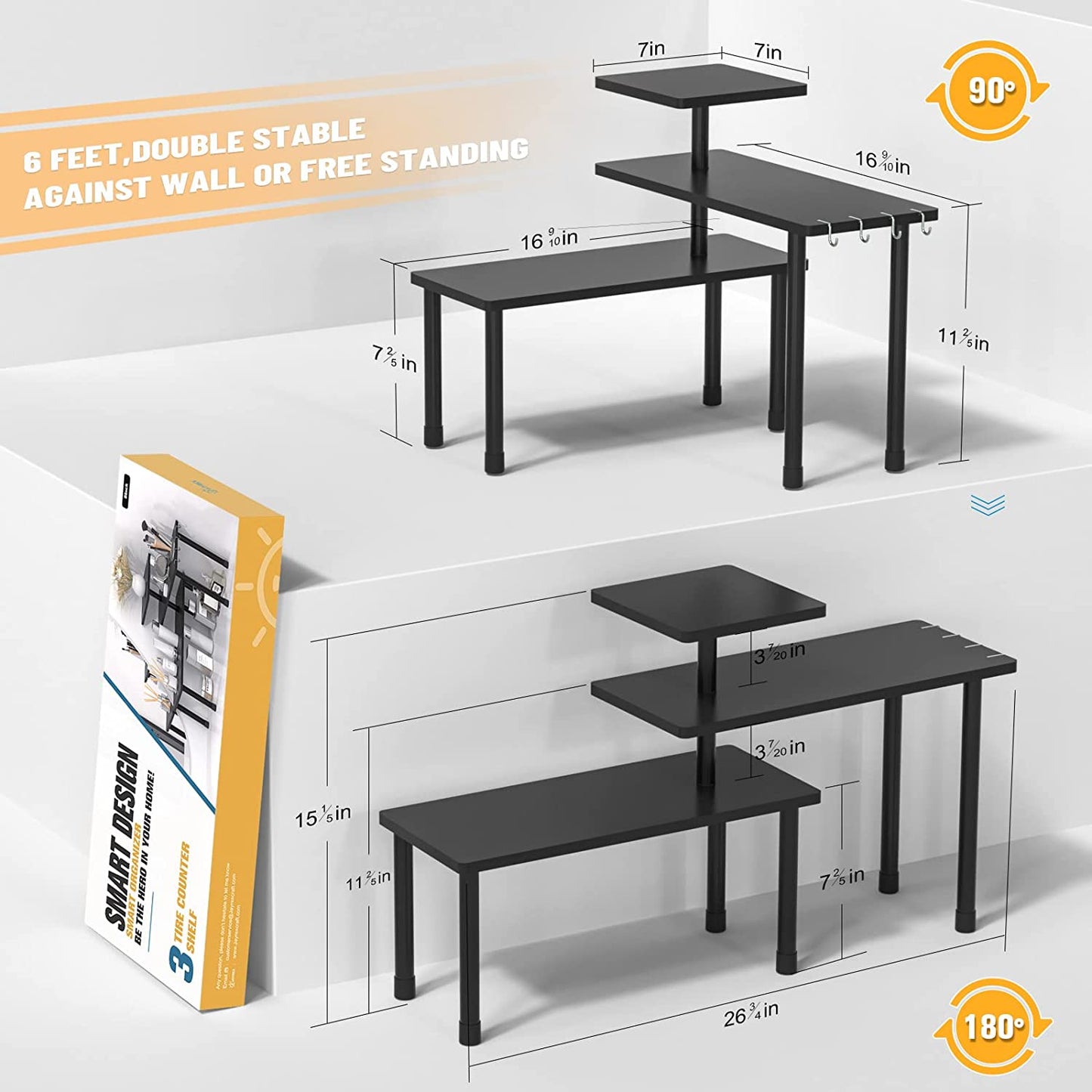 Bathroom Organizer Countertop Bathroom Shelf, 3 Tier Corner Shelf Moveable Bamboo Organizer for Make Up, Dresser Table, Bathroom countertop, Desktop Shelf (Black)