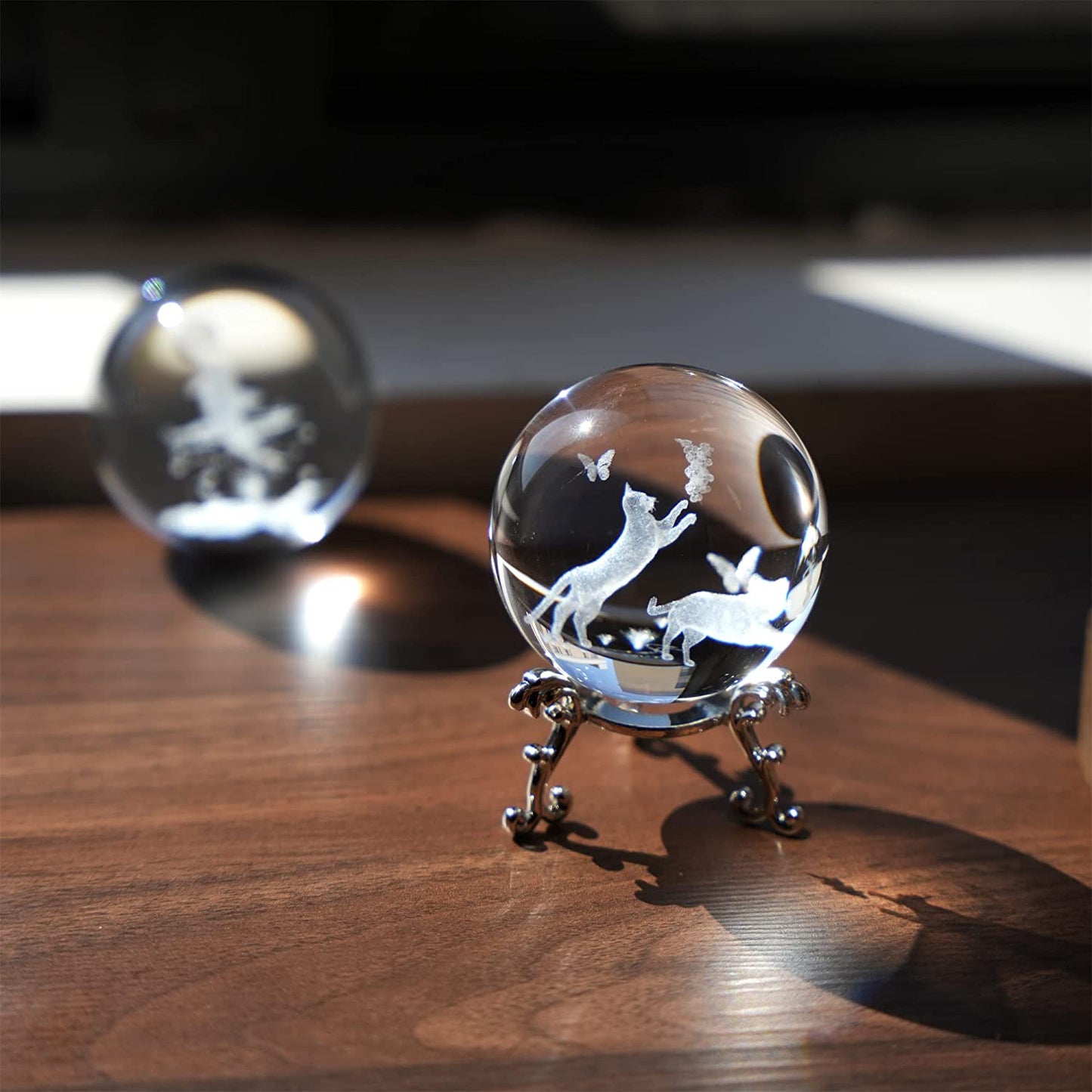 60mm 3D Crystal Ball with Stand Glass Cat Figurine Laser Engraved Cats Sphere Glass Paperweights Crystal 3D Cats with Butterfly Figurine Cat Gift for Cat Lovers Women