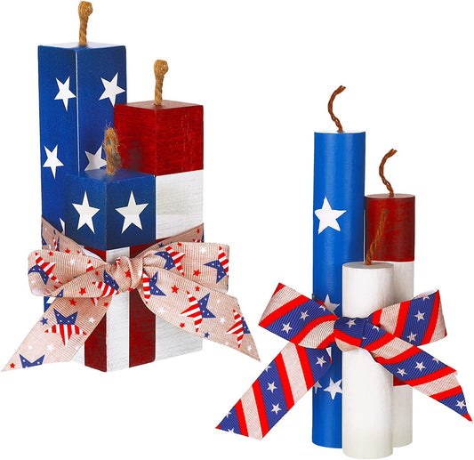 6 Pcs 4th of July Tiered Tray Decor July 4th Firework Tiered Tray Sign Patriotic Memorial Day Centerpieces Rustic Fireworks Wood Sign Independence Day Wooden Table Decor for Home Tables