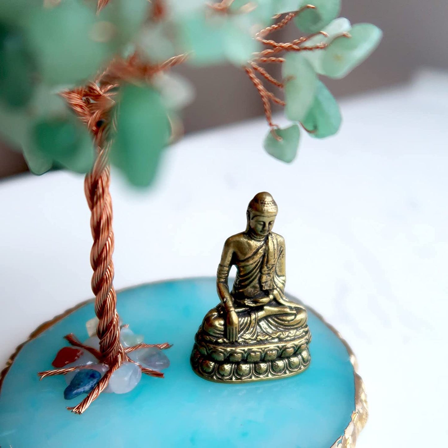 Buddha Statue with Healing Crystal Tree, Tree of Life for Positive Energy. Home Decor Yoga Meditation. Green.(B)