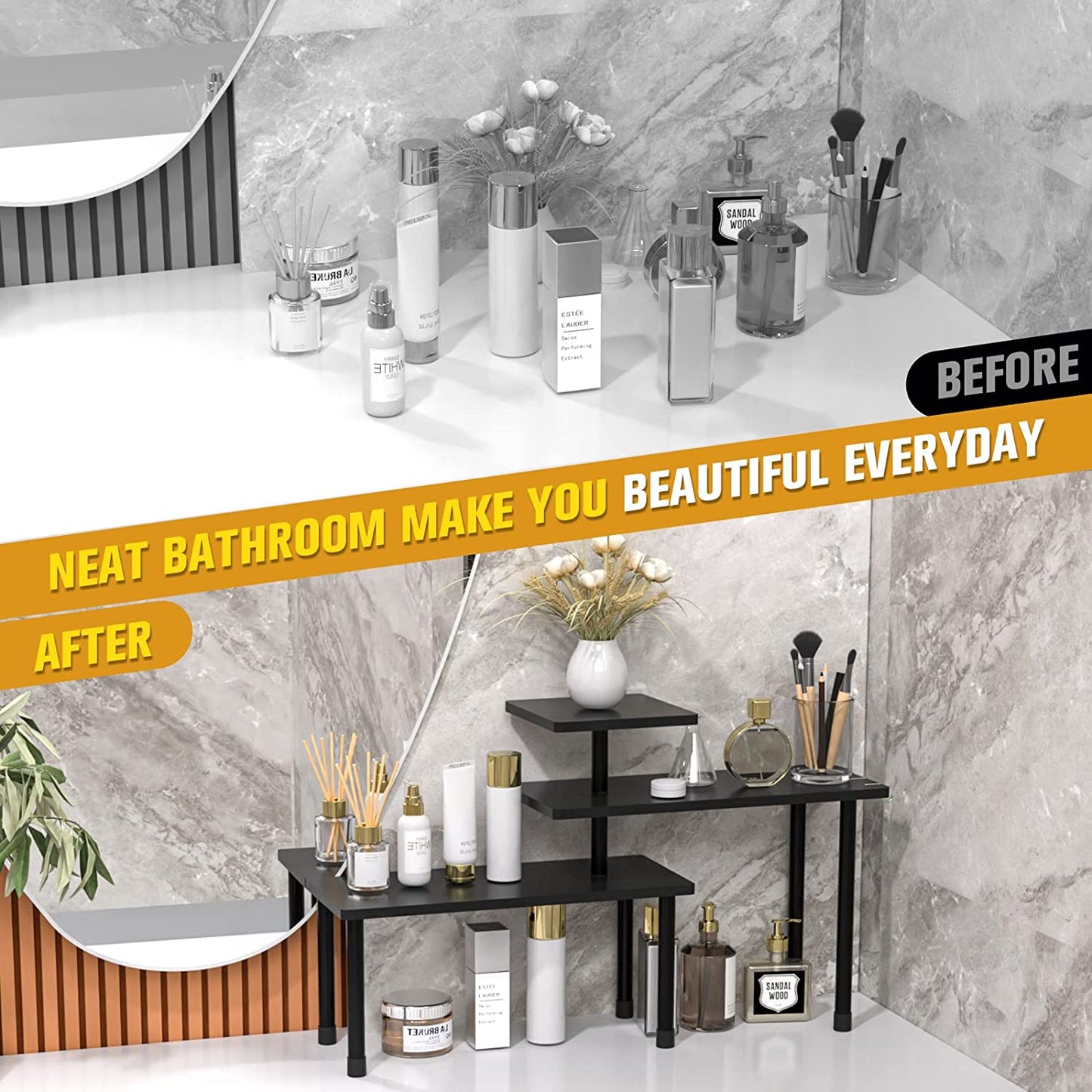 Bathroom Organizer Countertop Bathroom Shelf, 3 Tier Corner Shelf Moveable Bamboo Organizer for Make Up, Dresser Table, Bathroom countertop, Desktop Shelf (Black)