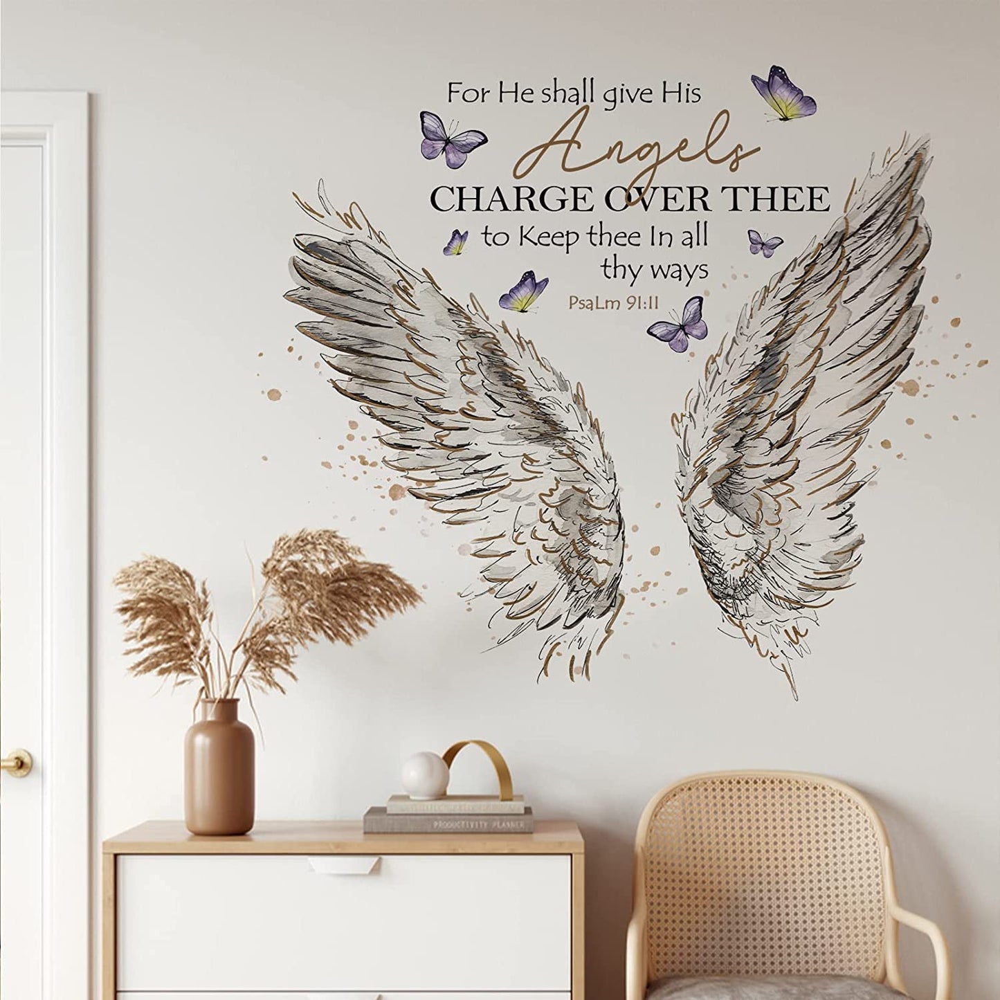 Wall Decals Stickers, Religious Wings Bible Verse Quote Home Bedroom Decor, Butterfly Living Room Kitchen Decorations Art