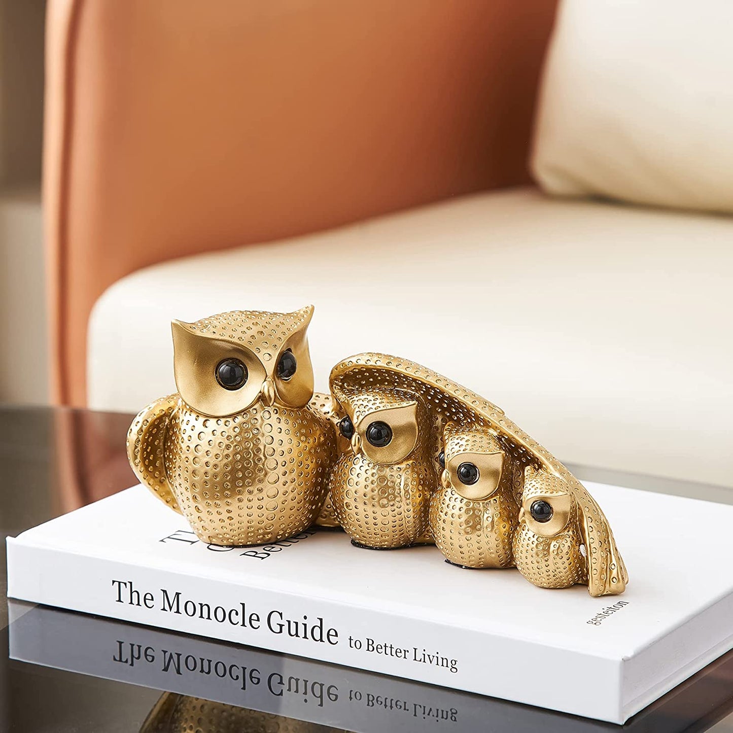 Owl Statue Home Decor, Owl Figurines for Living Room Decor,owls Decor for Unique Home Office, Gold Decor Animal Small Sculpture for Shelf, Modern Bookself TV Stand, Owls Gifts for Women and Owl Lovers
