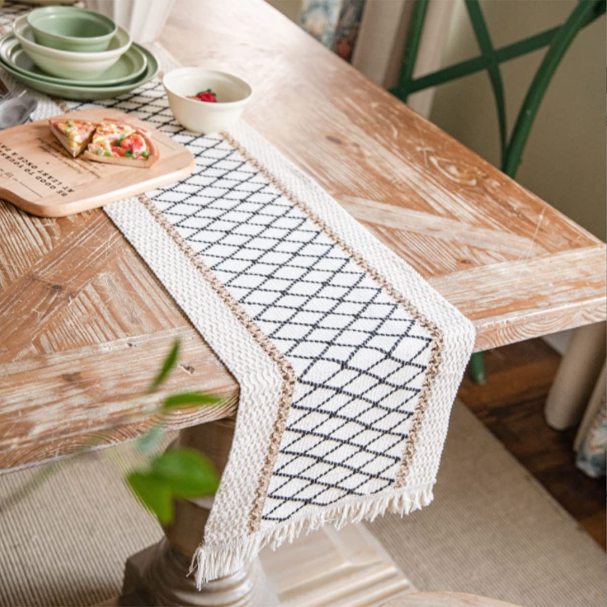 Table Runner, Boho Table Runner Cotton Linen Table Decorations, Farmhouse Table Runners with Tassels for Bohemian Wedding Bridal Shower Rustic Home Dining Table Decor (Black/Grid/A, 12x72)