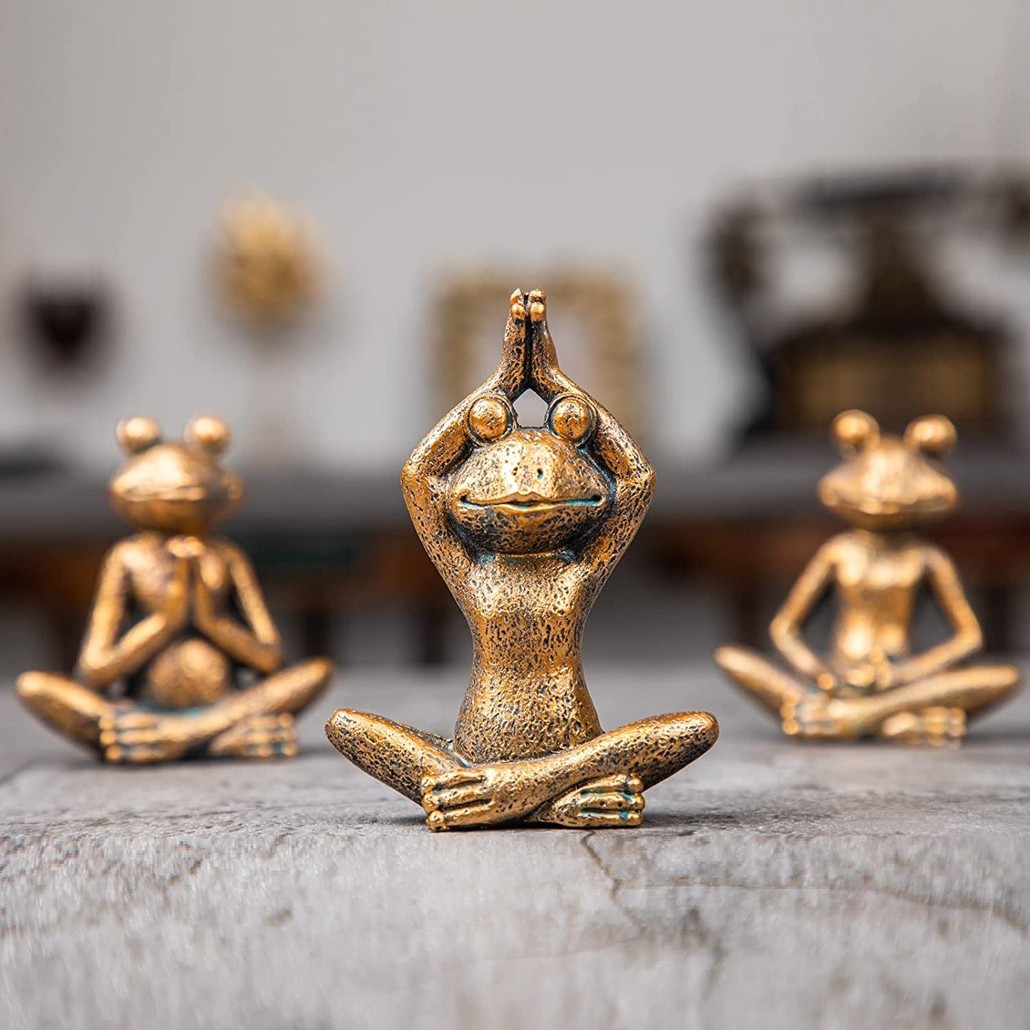 Frog figurines yoga zen decor – frog yoga statues for home decor,set of 3 yoga statues and sculptures meditation decor for shelves,zen decor yoga statue shelf decor accent antique bronze color