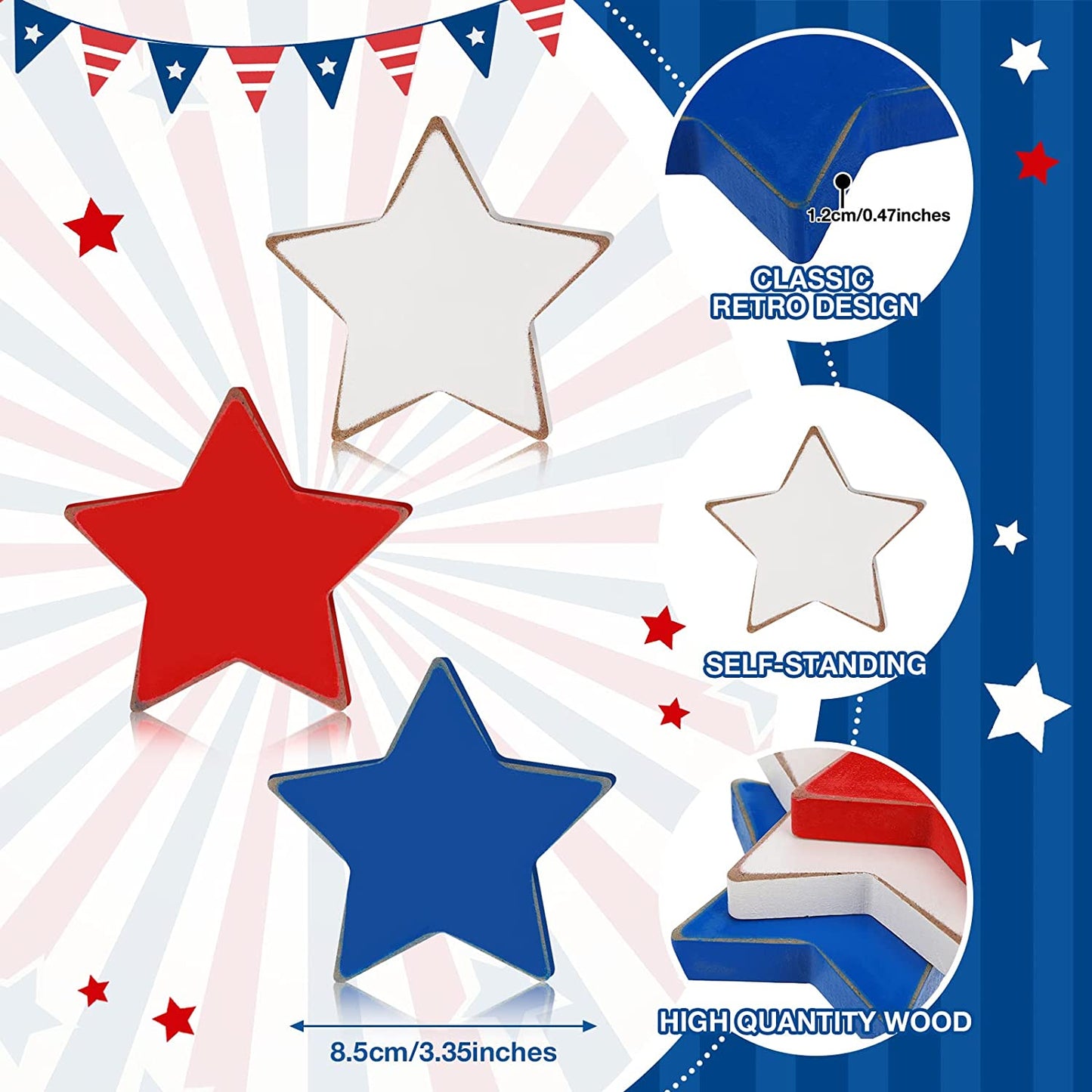Patriotic Wooden Star 4th of July Wood Star Independence Day Home Table Decor Wood Star Standing Blocks for Home Tabletop Memorial Day Festival Celebration (Vintage)