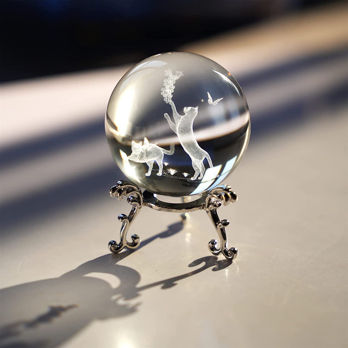 60mm 3D Crystal Ball with Stand Glass Cat Figurine Laser Engraved Cats Sphere Glass Paperweights Crystal 3D Cats with Butterfly Figurine Cat Gift for Cat Lovers Women