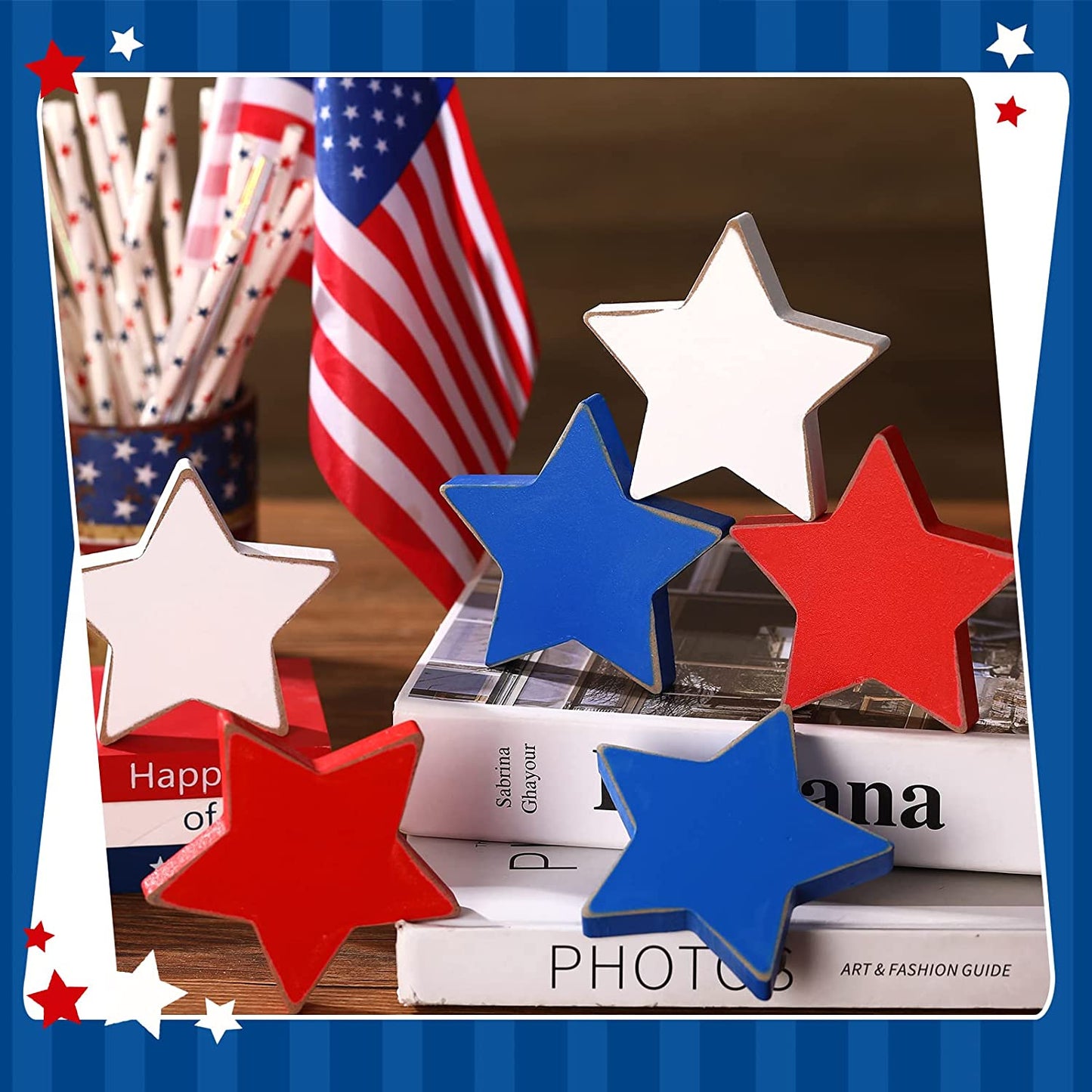 Patriotic Wooden Star 4th of July Wood Star Independence Day Home Table Decor Wood Star Standing Blocks for Home Tabletop Memorial Day Festival Celebration (Vintage)