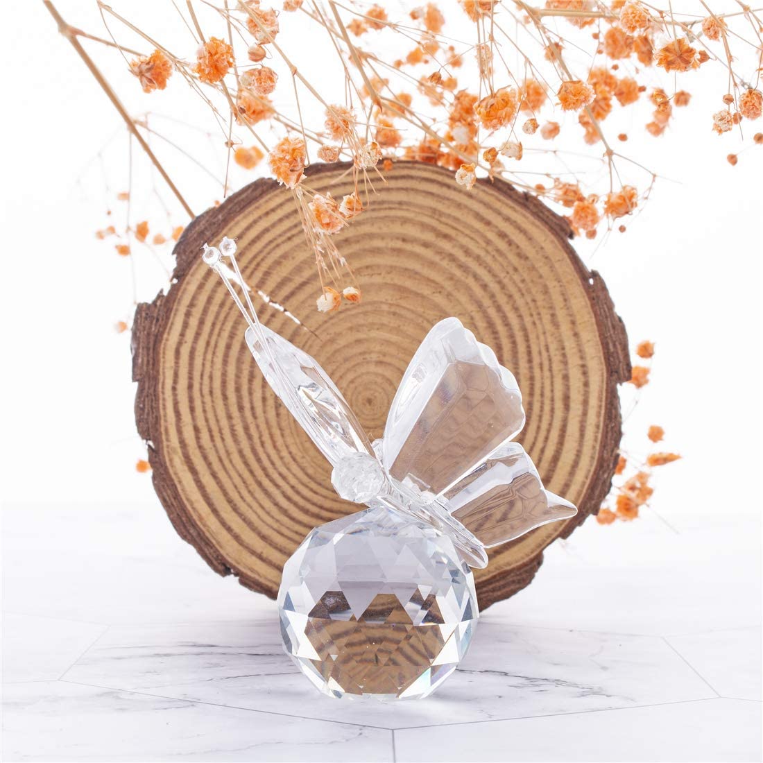 Crystal Flying Butterfly with Crystal Ball Base Figurine Collection Cut Glass Ornament Statue Animal Collectible (Clear)
