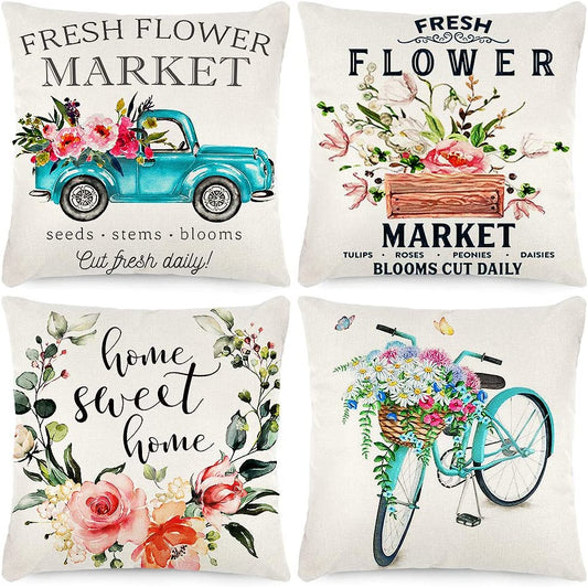 Spring Pillow Covers 18x18 Inch Set of 4 Fresh Flower Market Spring Decorations Throw Farmhouse Pillowcase Linen Cushion Case for Spring Home Décor