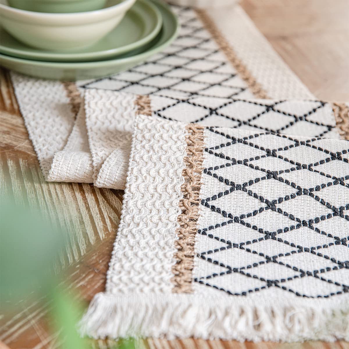 Table Runner, Boho Table Runner Cotton Linen Table Decorations, Farmhouse Table Runners with Tassels for Bohemian Wedding Bridal Shower Rustic Home Dining Table Decor (Black/Grid/A, 12x72)